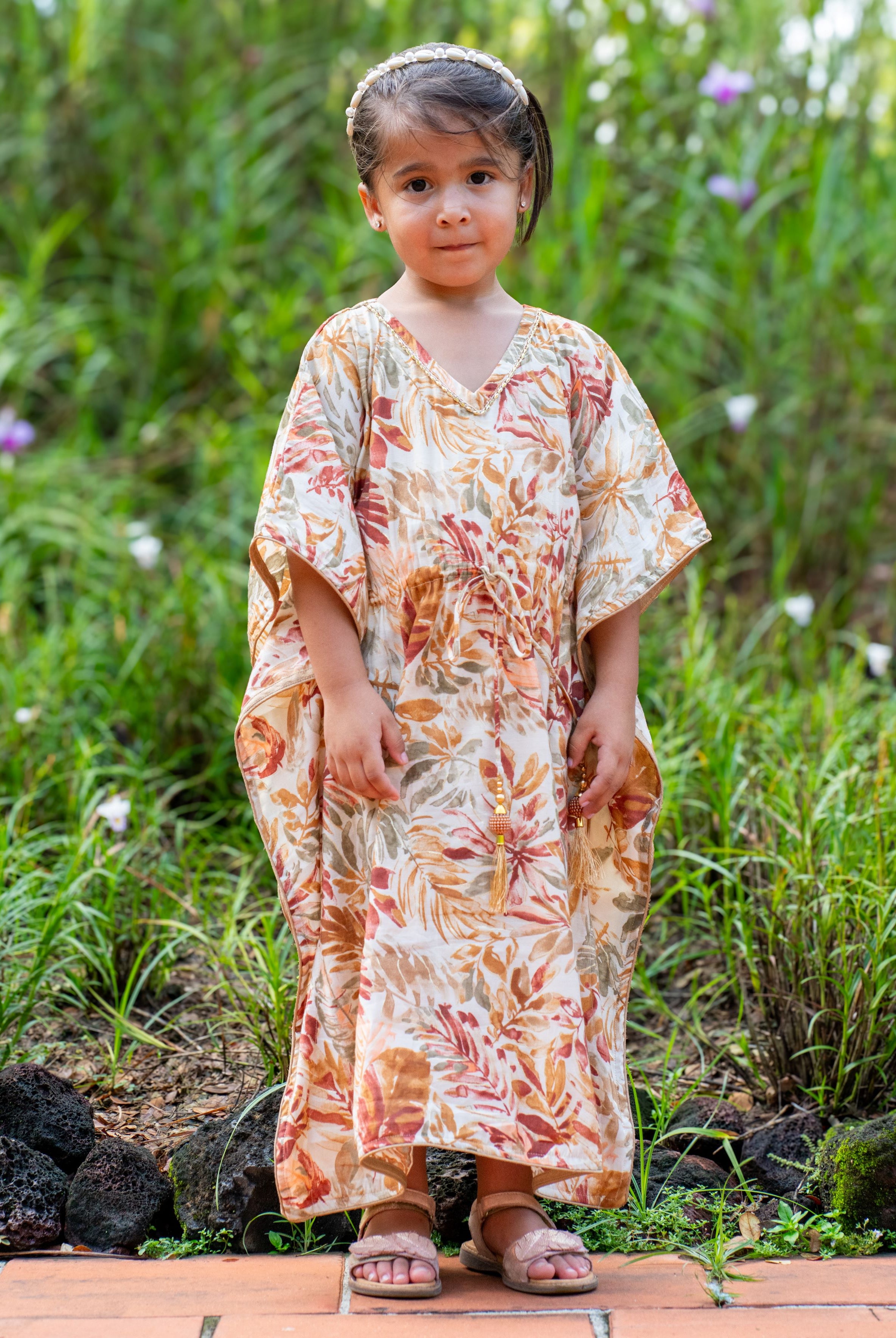 Arya Girls' Long Kaftan Dress in Red with Gold Accents