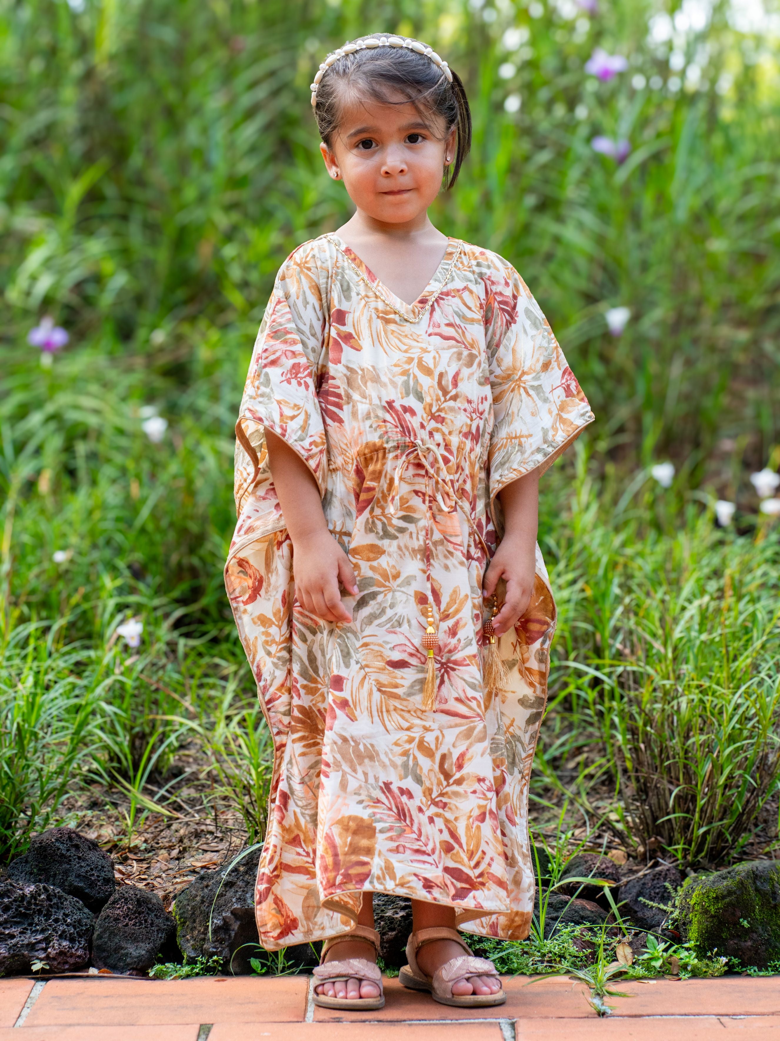 Arya Girls' Long Kaftan Dress in Red with Gold Accents