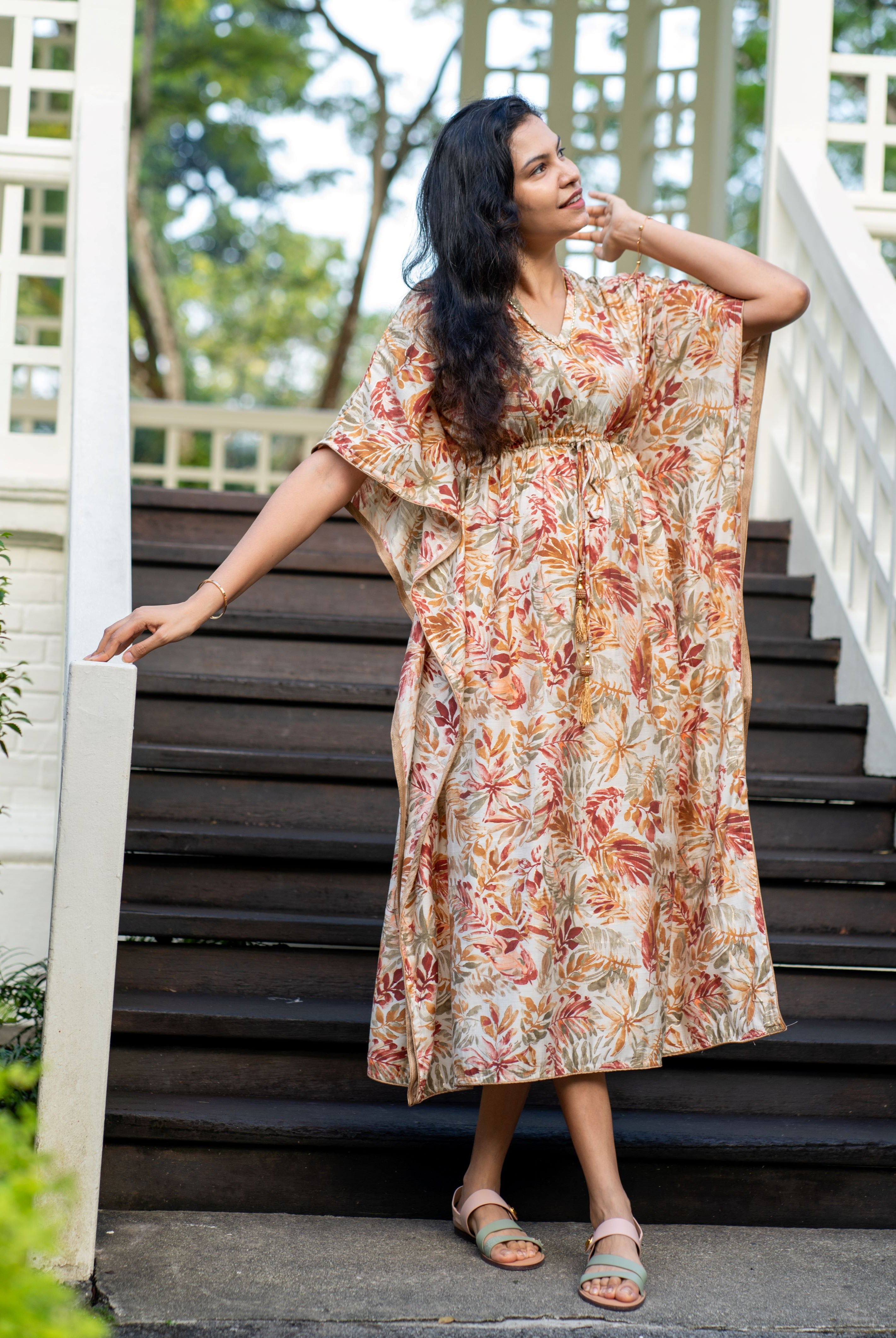 Arya Red Gold Women's Long Kaftan Dress, Festive Season, Hari Raya, Weekend Party, Deepavali, Rakhi