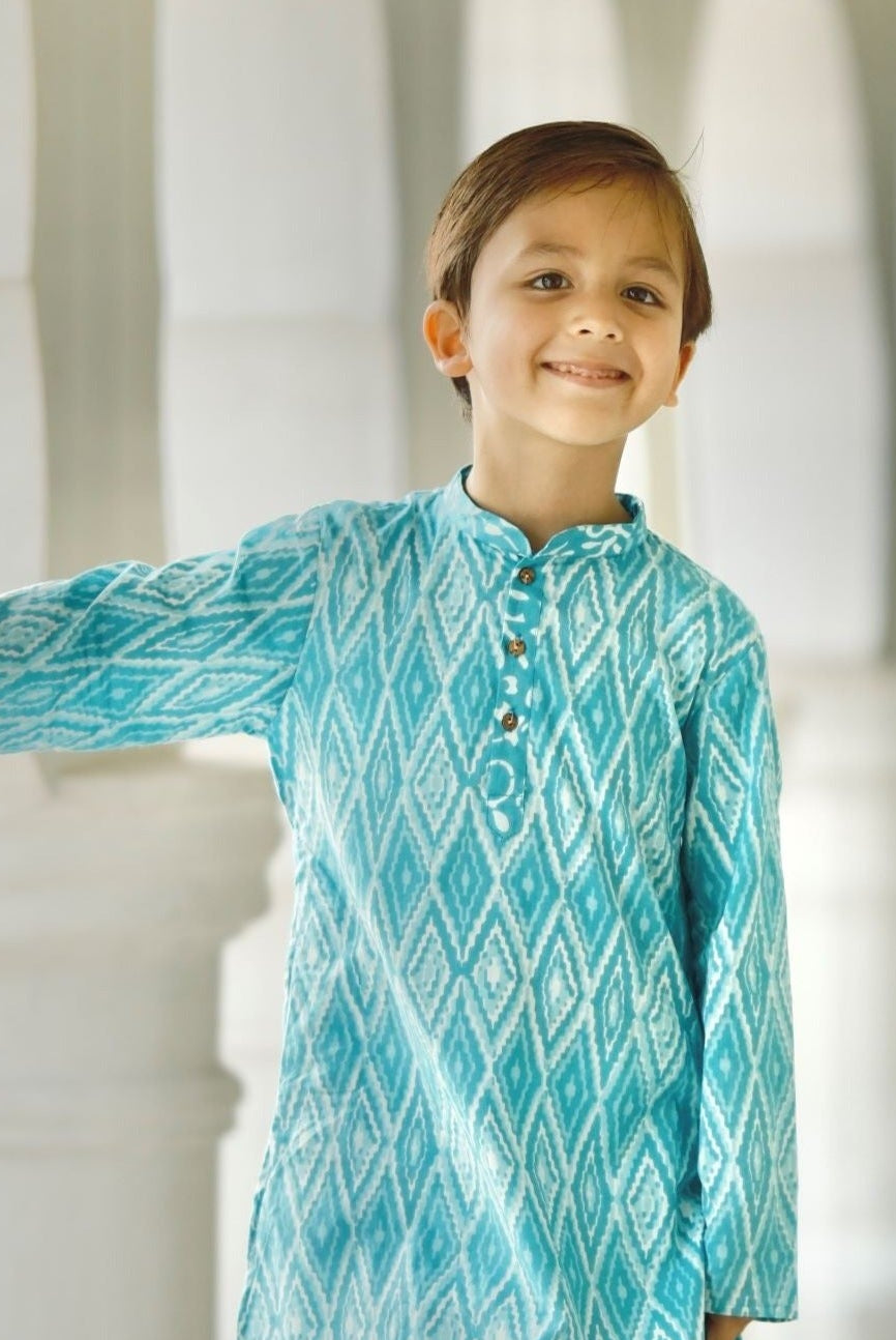 'Meher' Boys Blue Kurta Pajama Set in Soft Cotton
