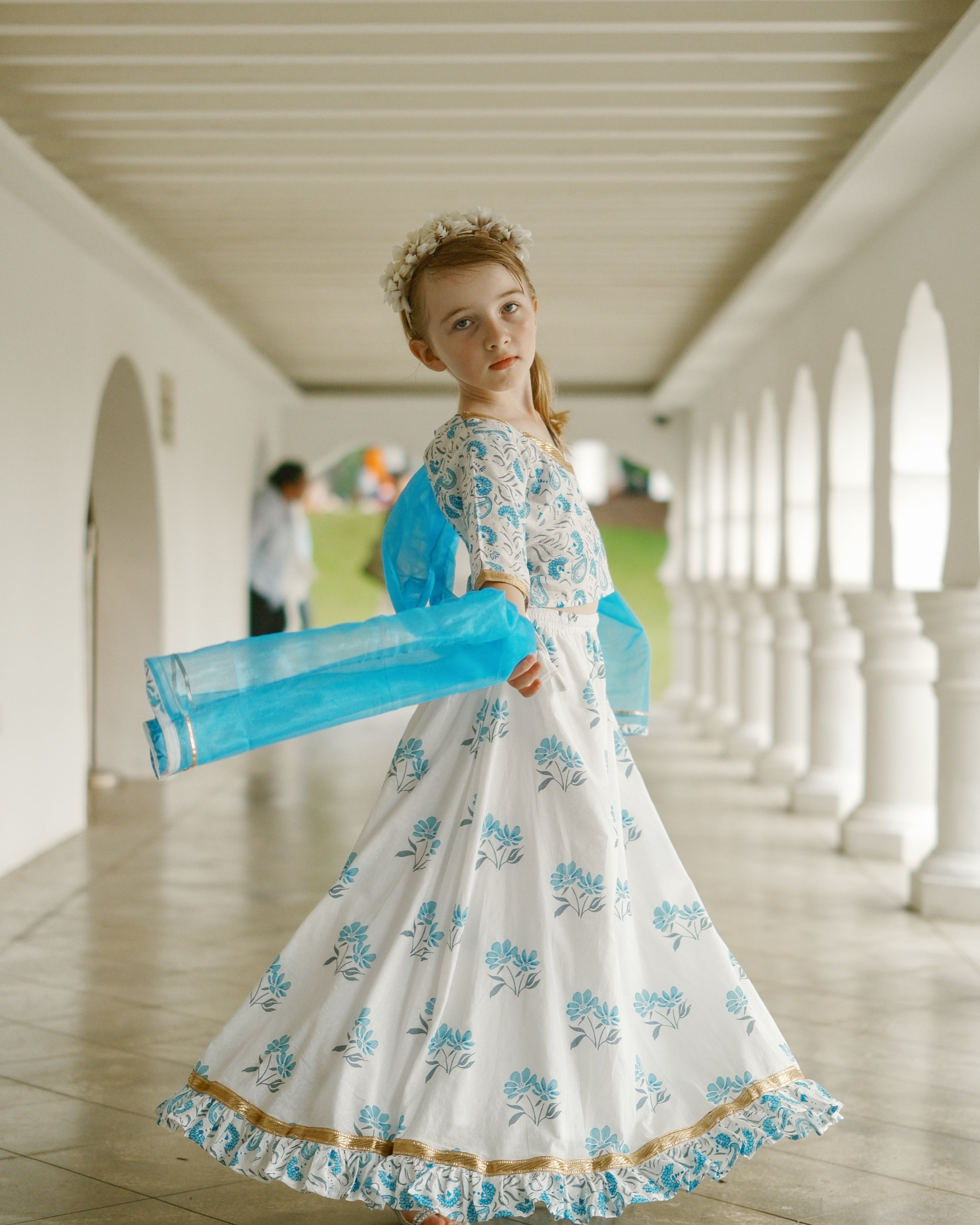 'Fiza' Floral Girls Lehenga Skirt Blouse in White & Blue.