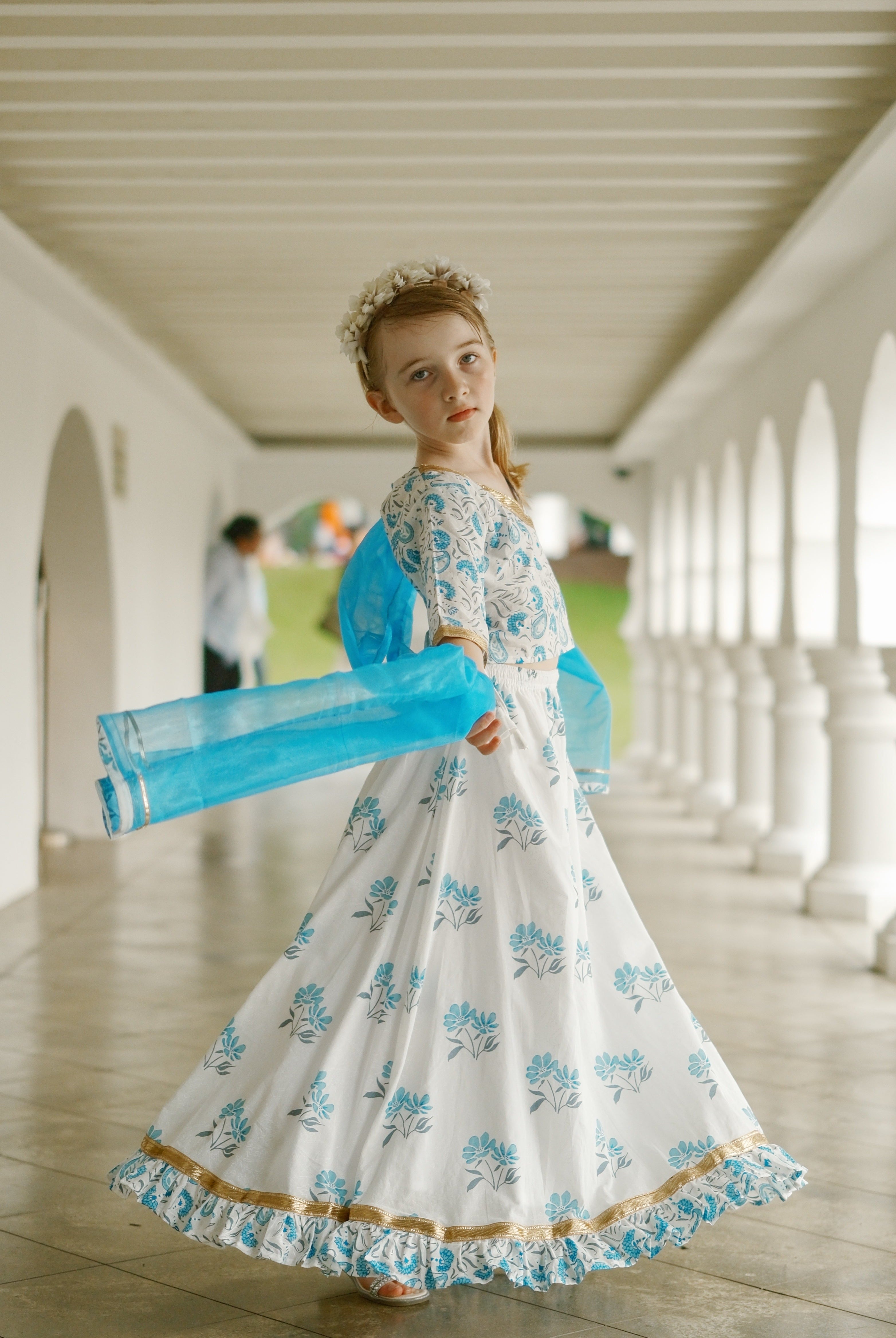 'Fiza' Floral Girls Lehenga Skirt Blouse in White & Blue.