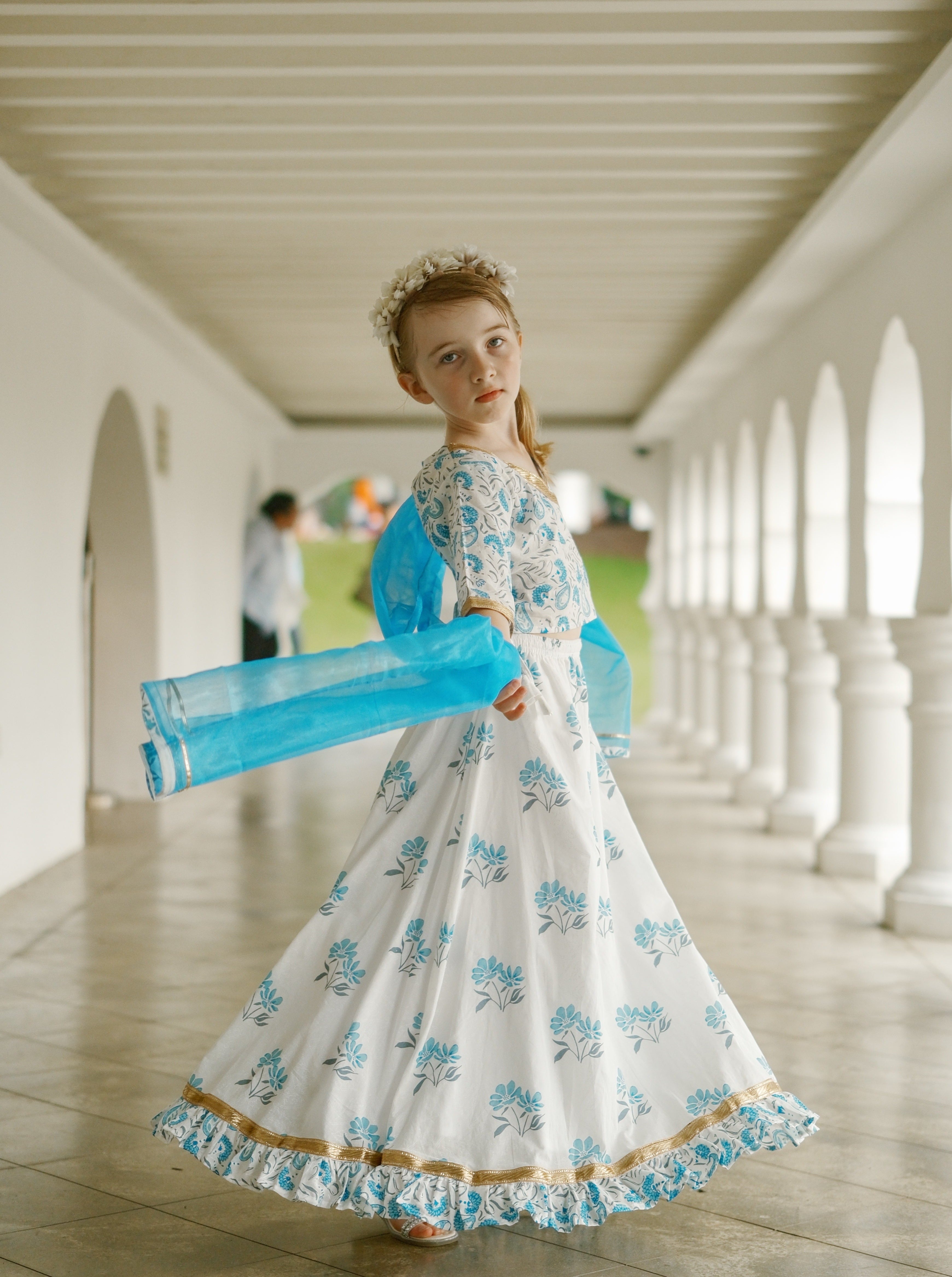 'Fiza' Floral Girls Lehenga Skirt Blouse in White & Blue.