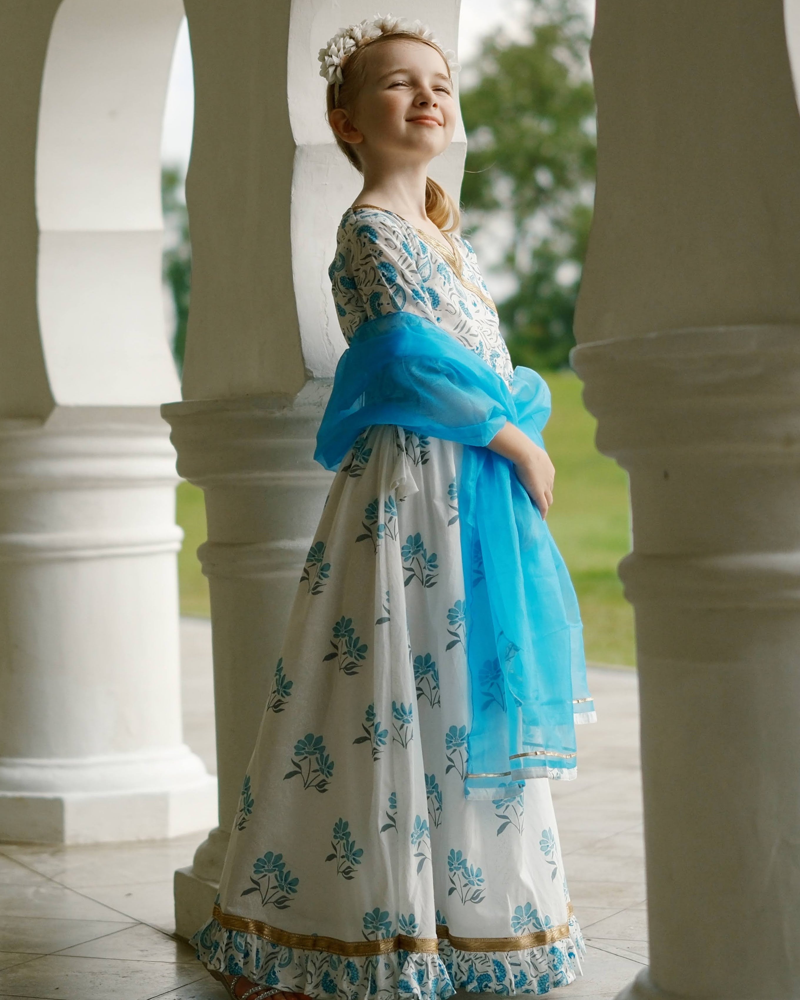 'Fiza' Floral Girls Lehenga Skirt Blouse in White & Blue Nimbu Kids