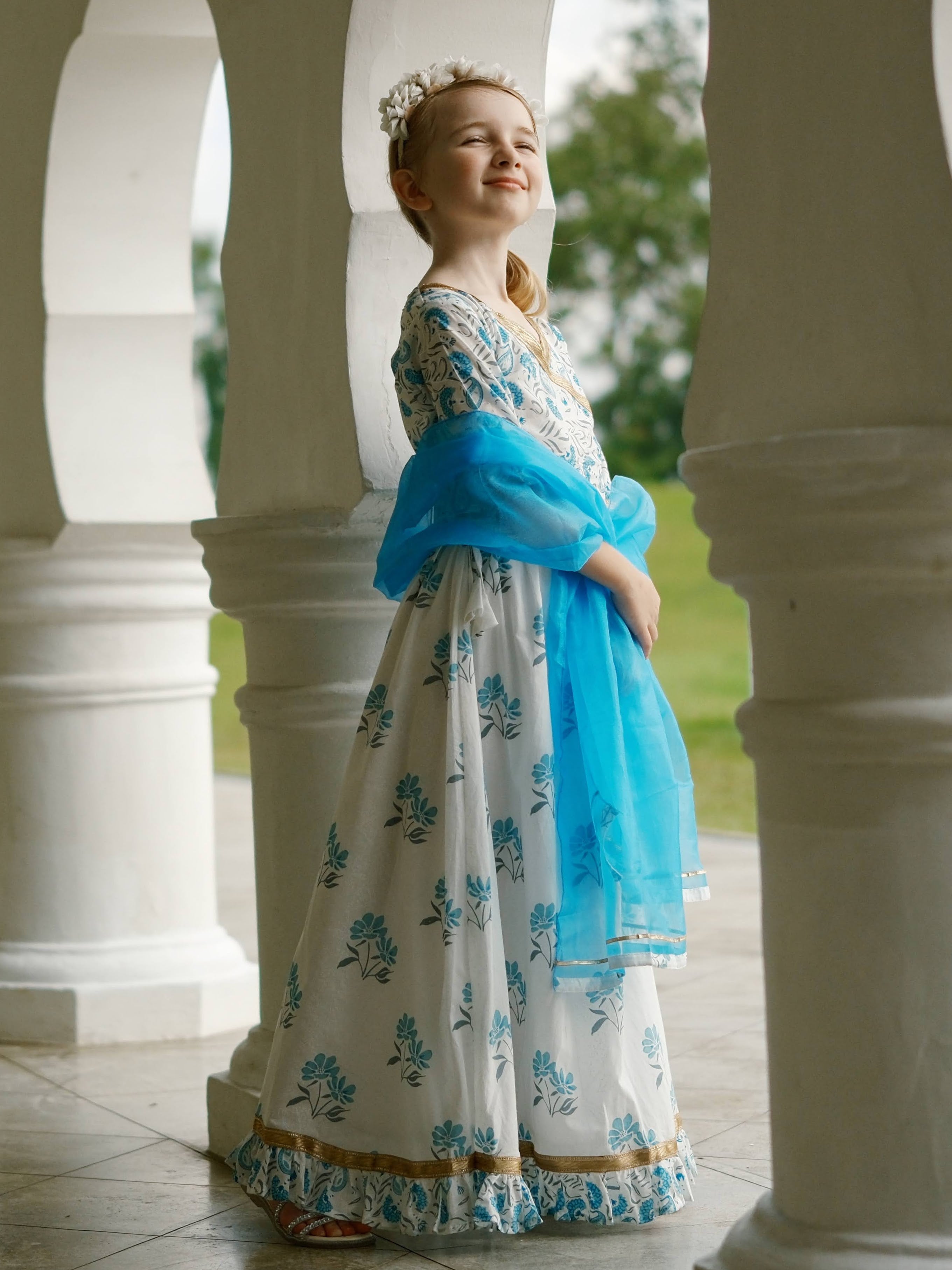 'Fiza' Floral Girls Lehenga Skirt Blouse in White & Blue Nimbu Kids