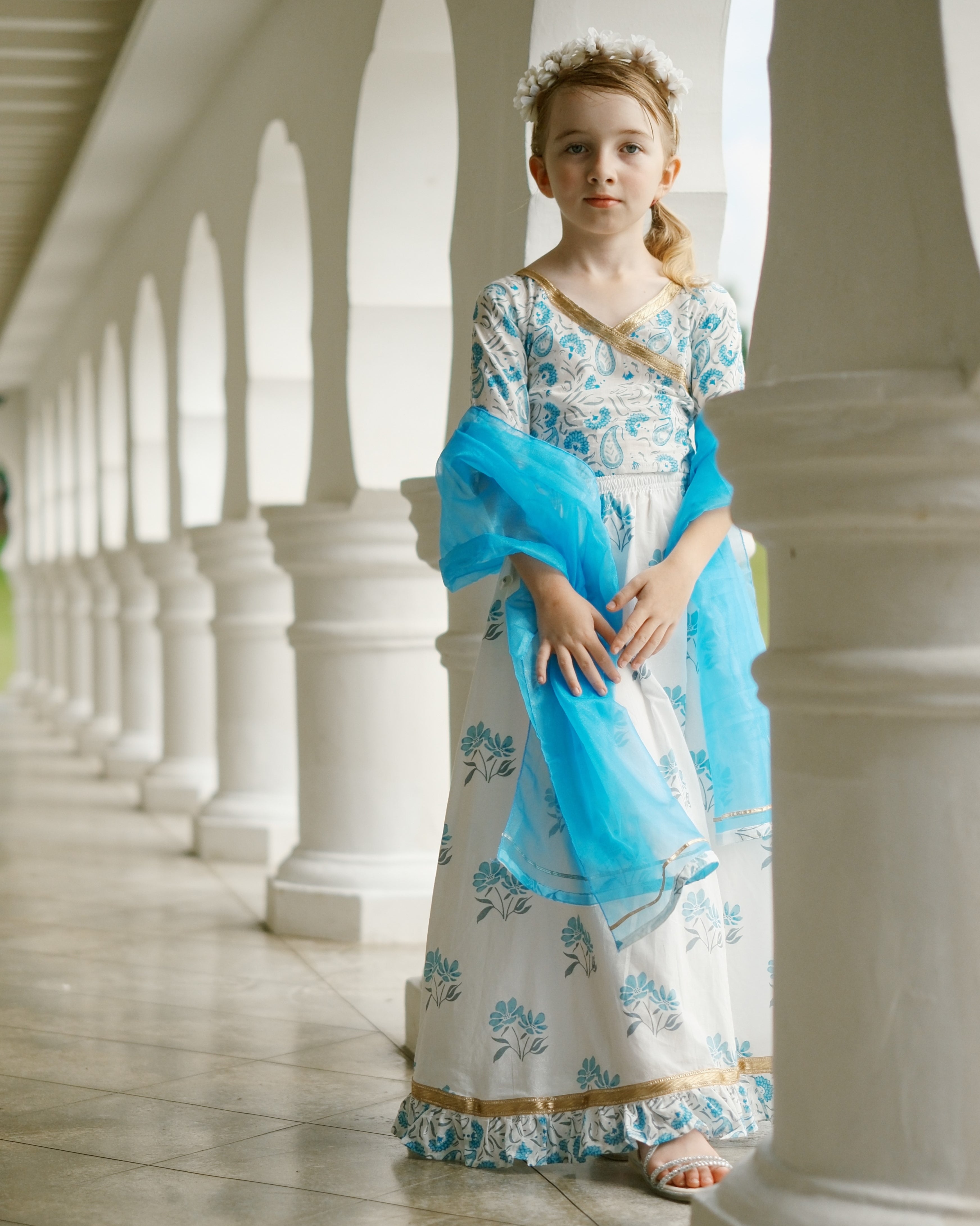 'Fiza' Floral Girls Lehenga Skirt Blouse in White & Blue.