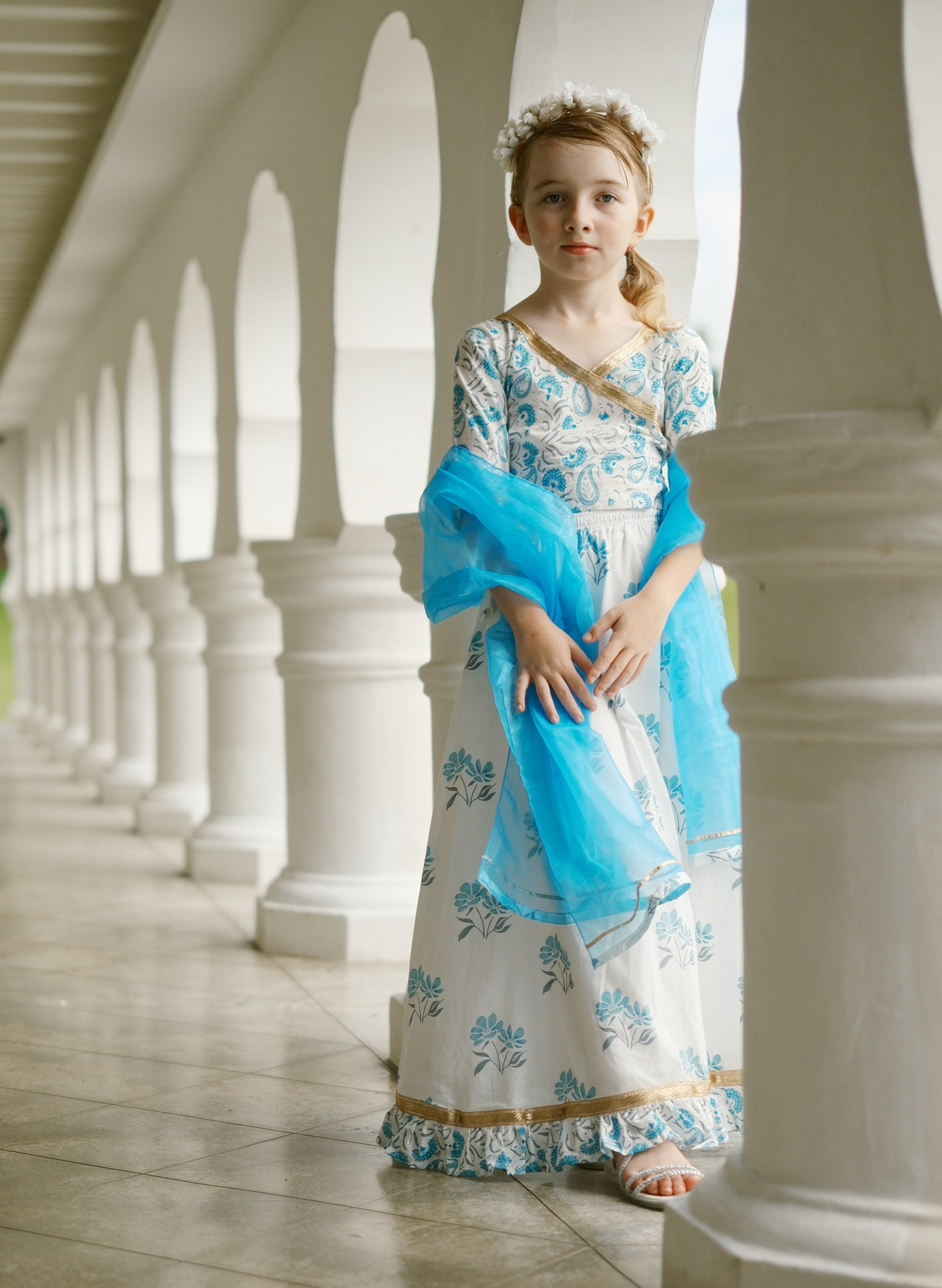 'Fiza' Floral Girls Lehenga Skirt Blouse in White & Blue.