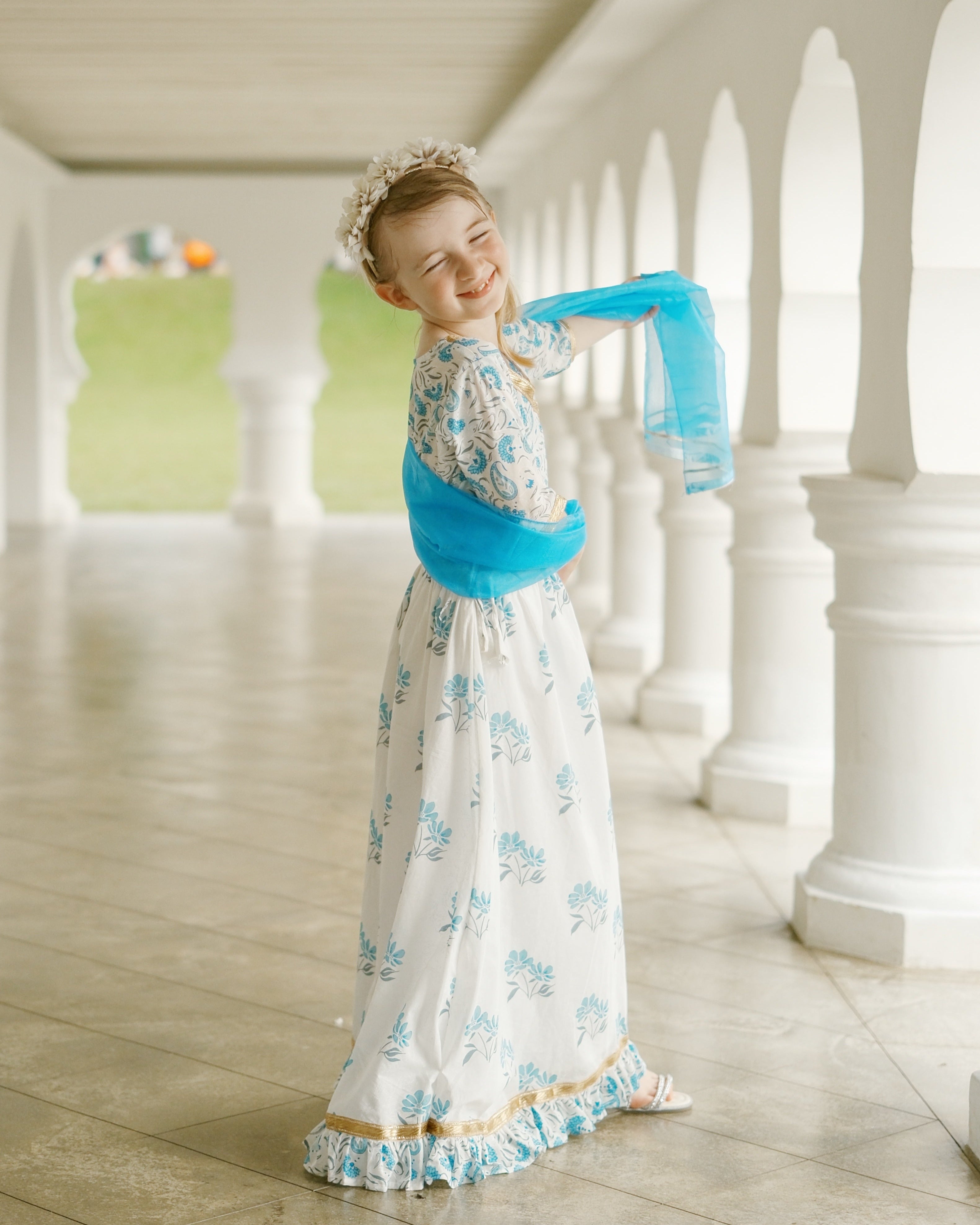 'Fiza' Floral Girls Lehenga Skirt Blouse in White & Blue.