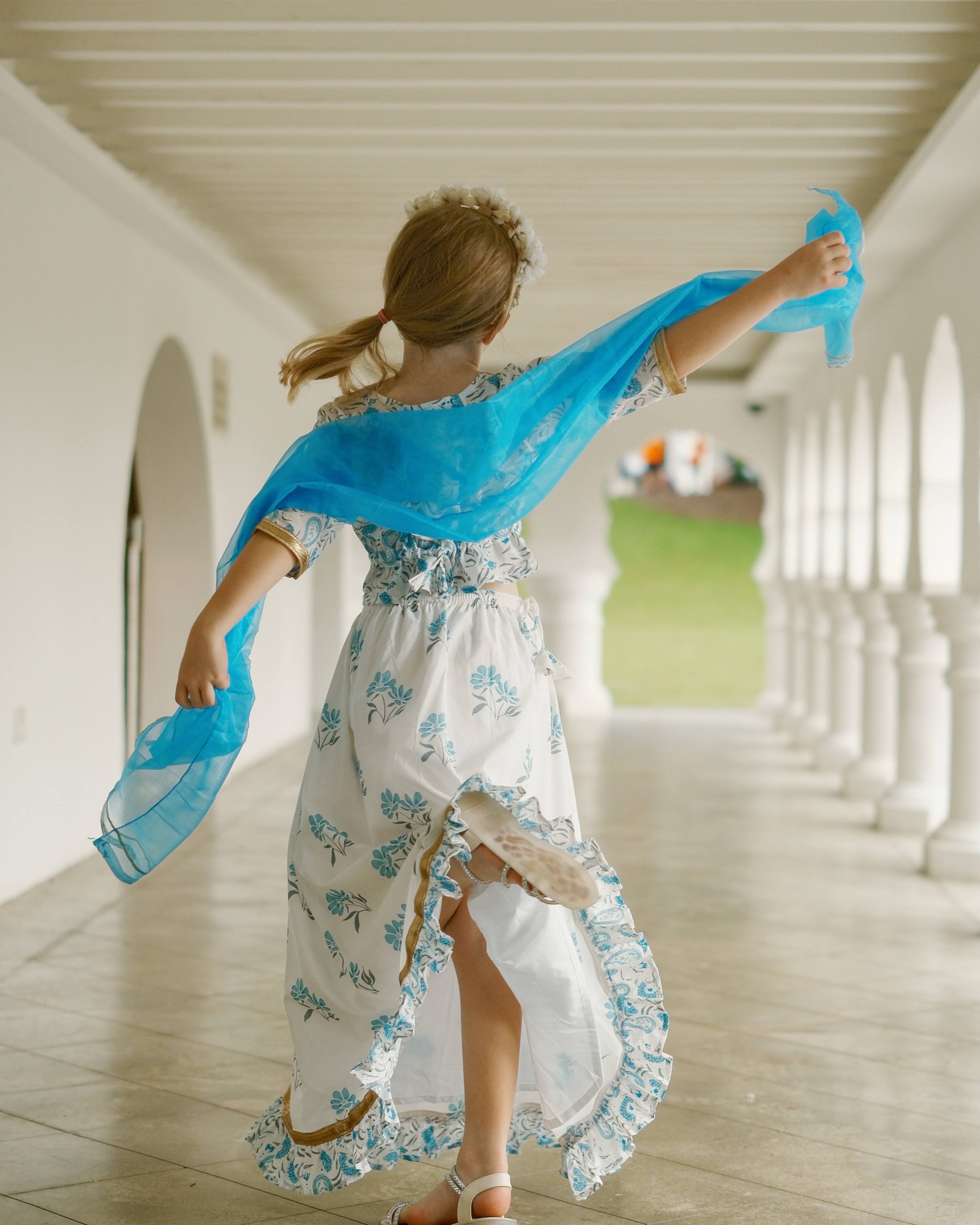 'Fiza' Floral Girls Lehenga Skirt Blouse in White & Blue.