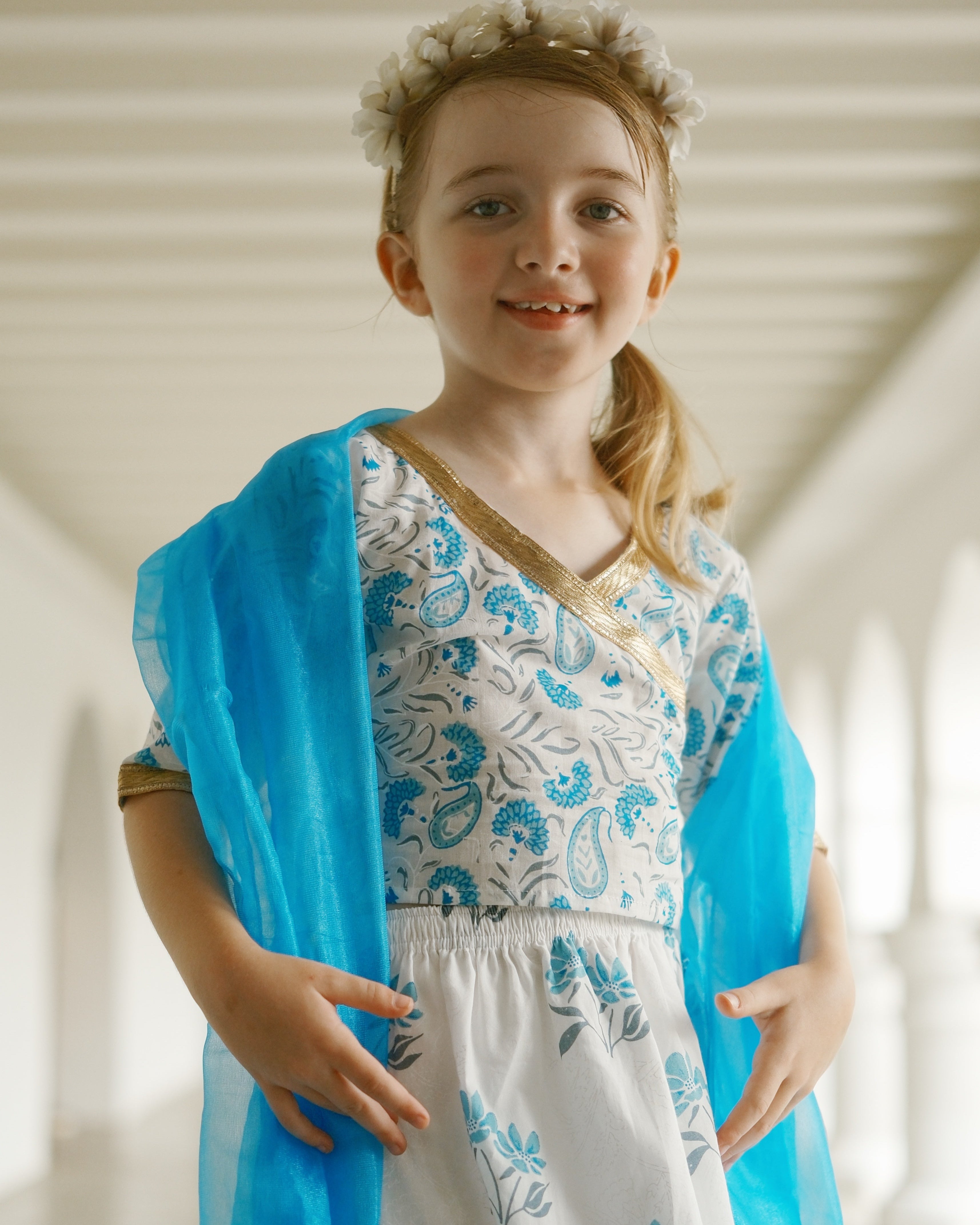 'Fiza' Floral Girls Lehenga Skirt Blouse in White & Blue.