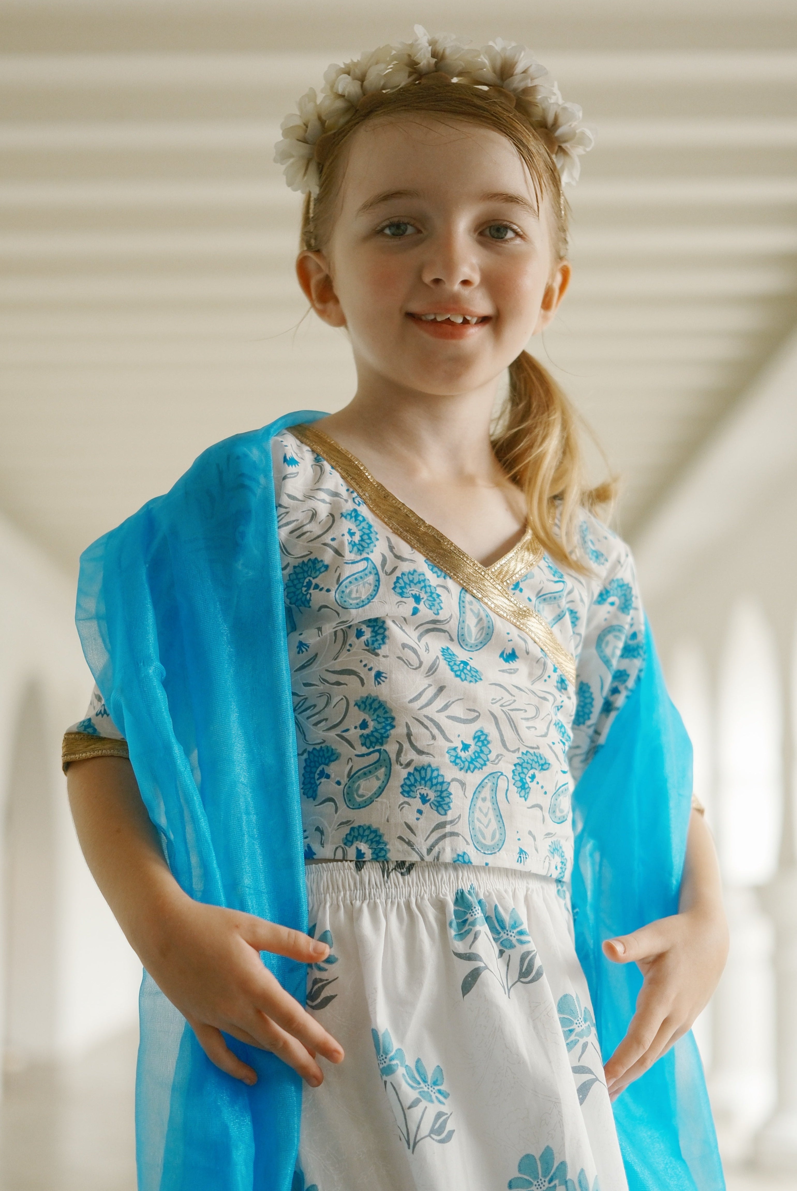 'Fiza' Floral Girls Lehenga Skirt Blouse in White & Blue.