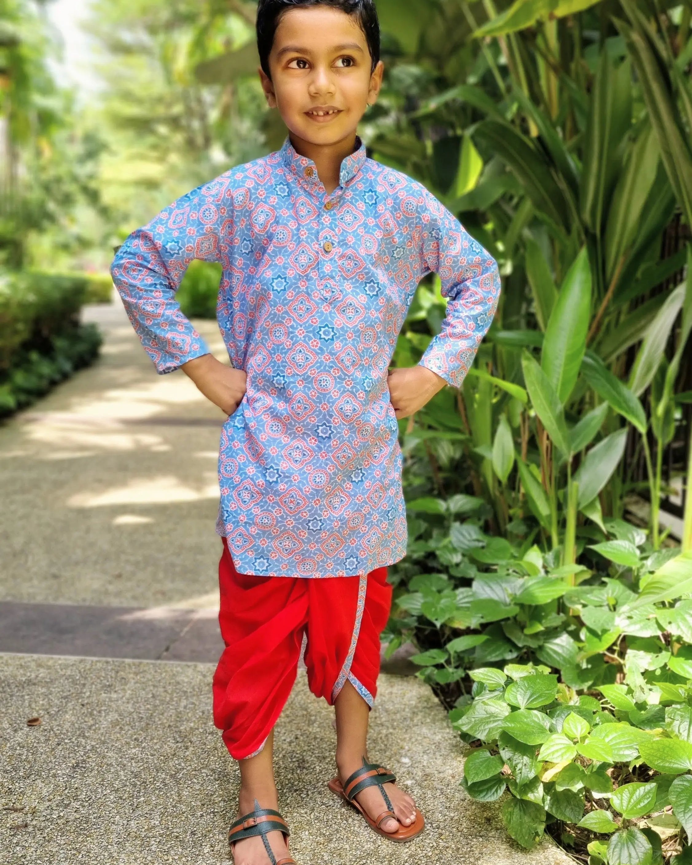 'Fida' Peranakan Inspired Boys Kurta Dhoti in Blue & Red Nimbu Kids Singapore