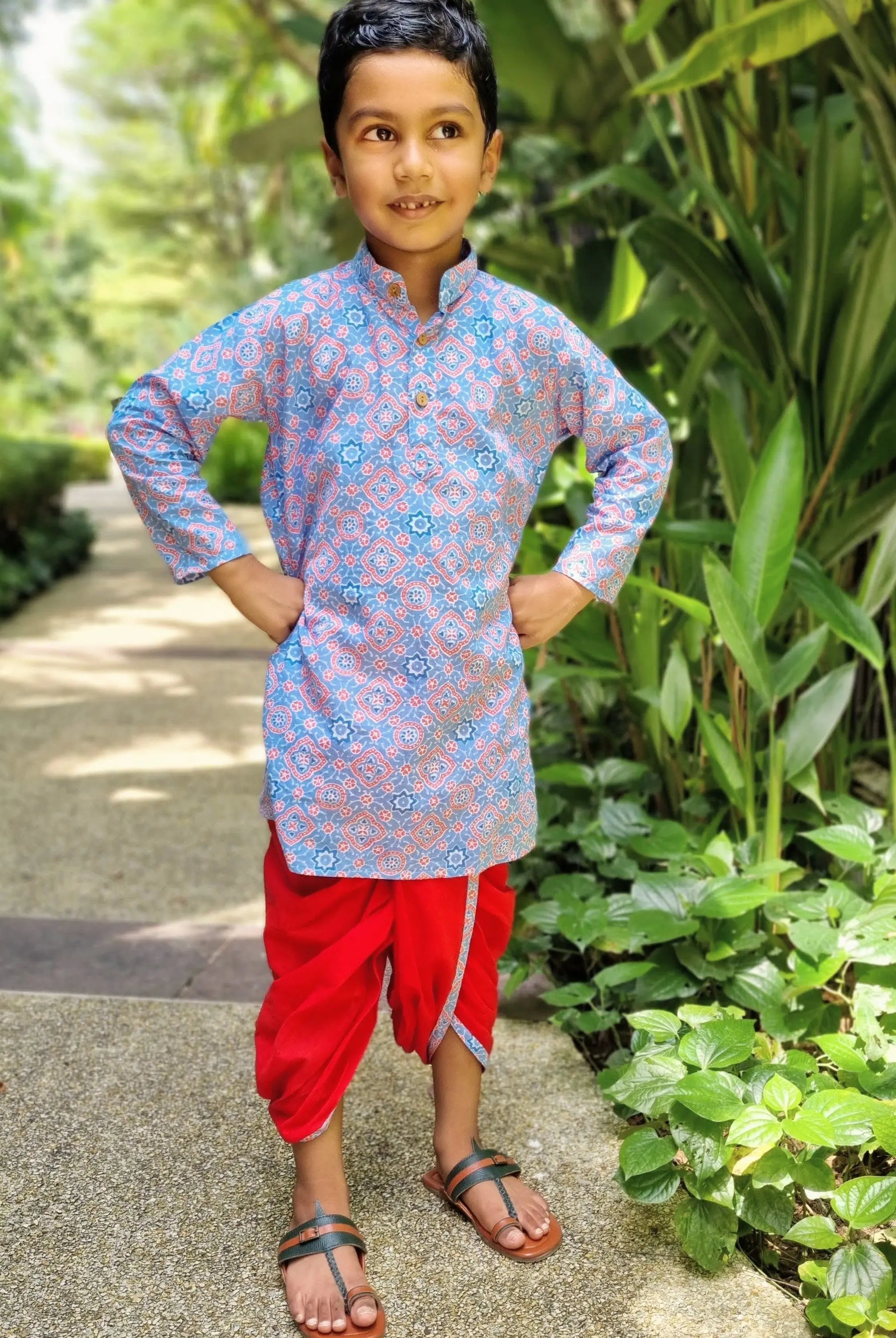 'Fida' Peranakan Inspired Boys Kurta Dhoti in Blue & Red Nimbu Kids Singapore