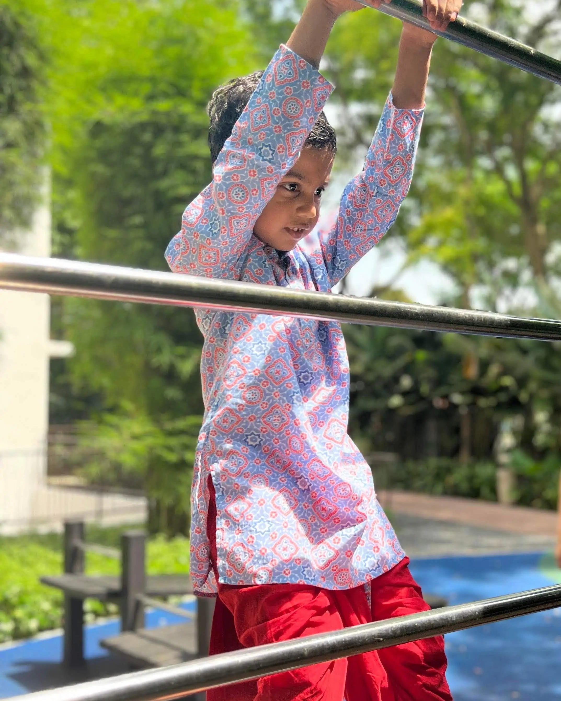 'Fida' Peranakan Inspired Boys Kurta Dhoti in Blue & Red Nimbu Kids Singapore