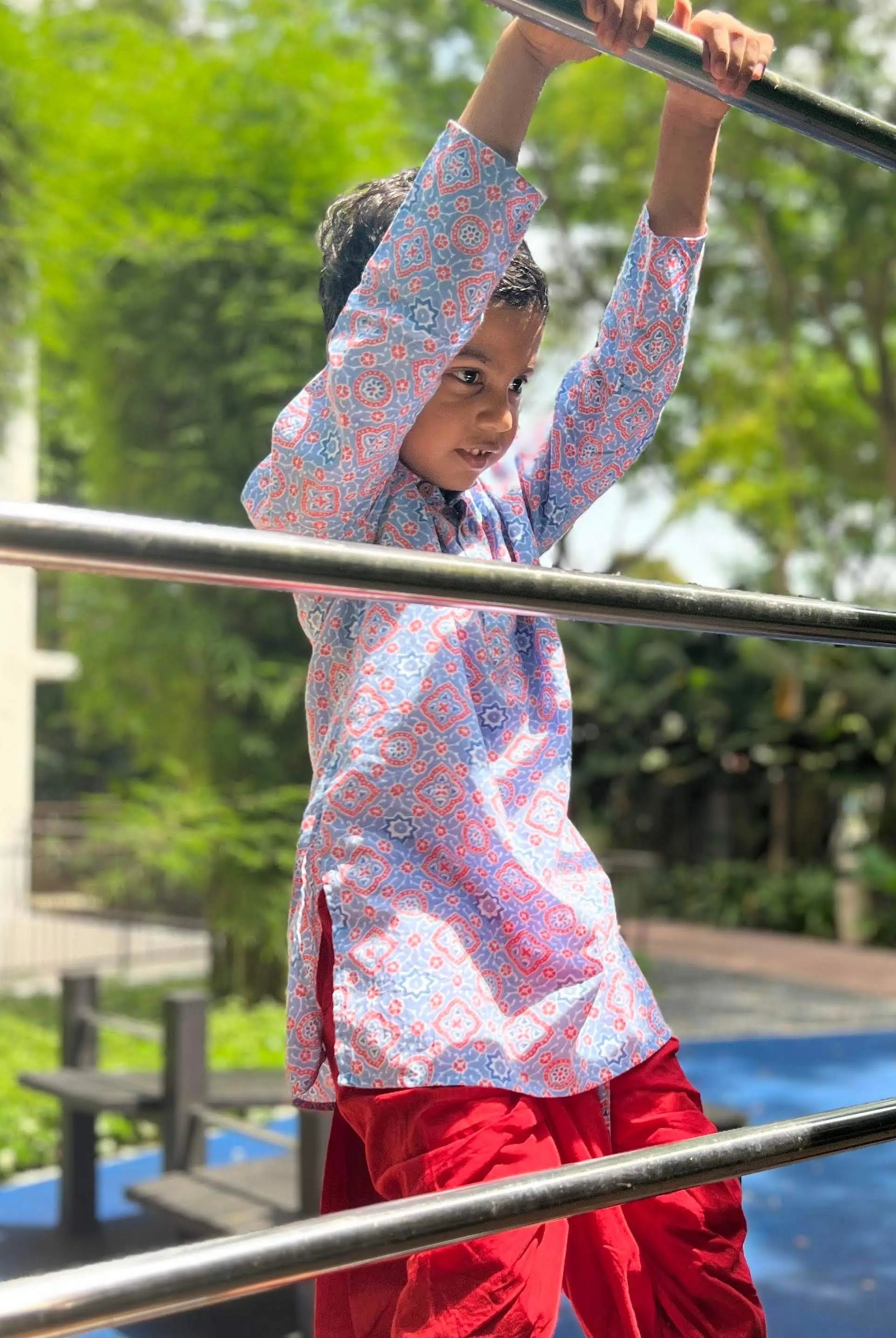 'Fida' Peranakan Inspired Boys Kurta Dhoti in Blue & Red Nimbu Kids Singapore