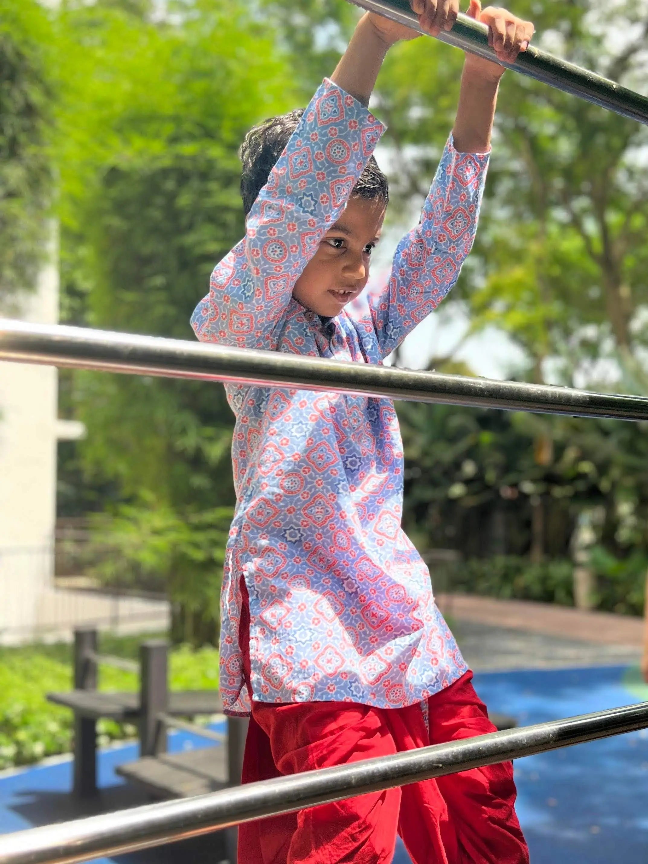 'Fida' Peranakan Inspired Boys Kurta Dhoti in Blue & Red Nimbu Kids Singapore