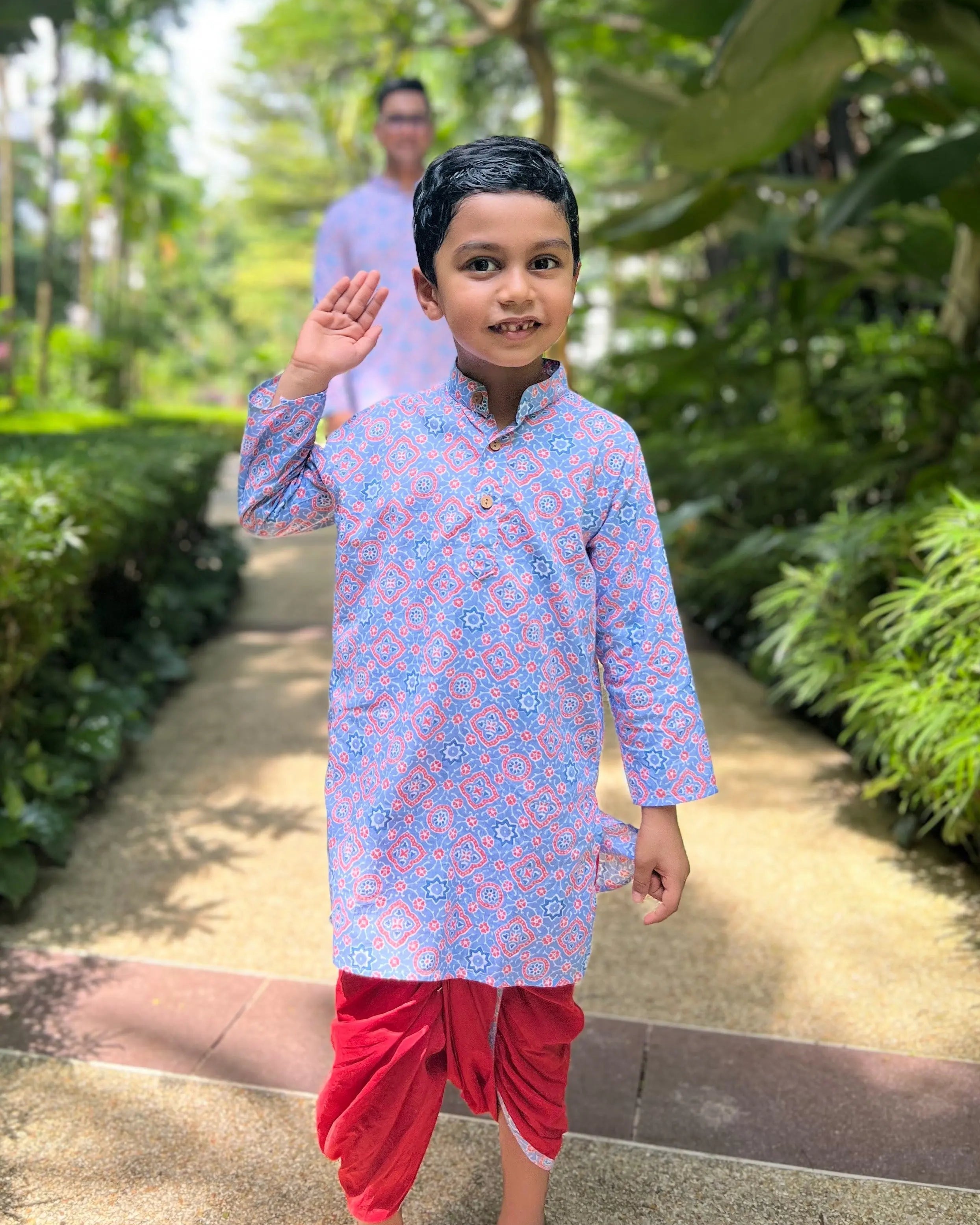 'Fida' Peranakan Inspired Boys Kurta Dhoti in Blue & Red Nimbu Kids Singapore