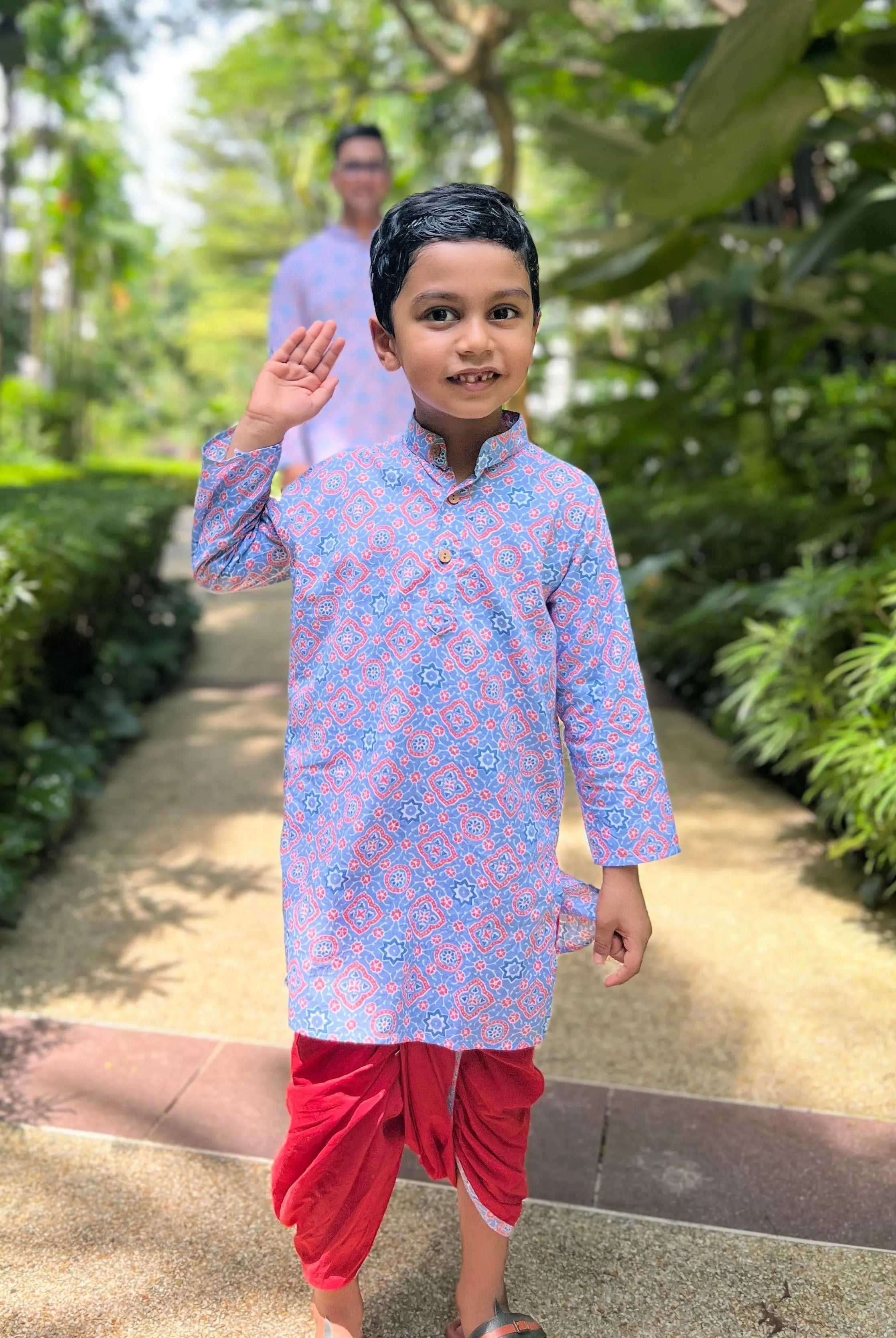 'Fida' Peranakan Inspired Boys Kurta Dhoti in Blue & Red Nimbu Kids Singapore