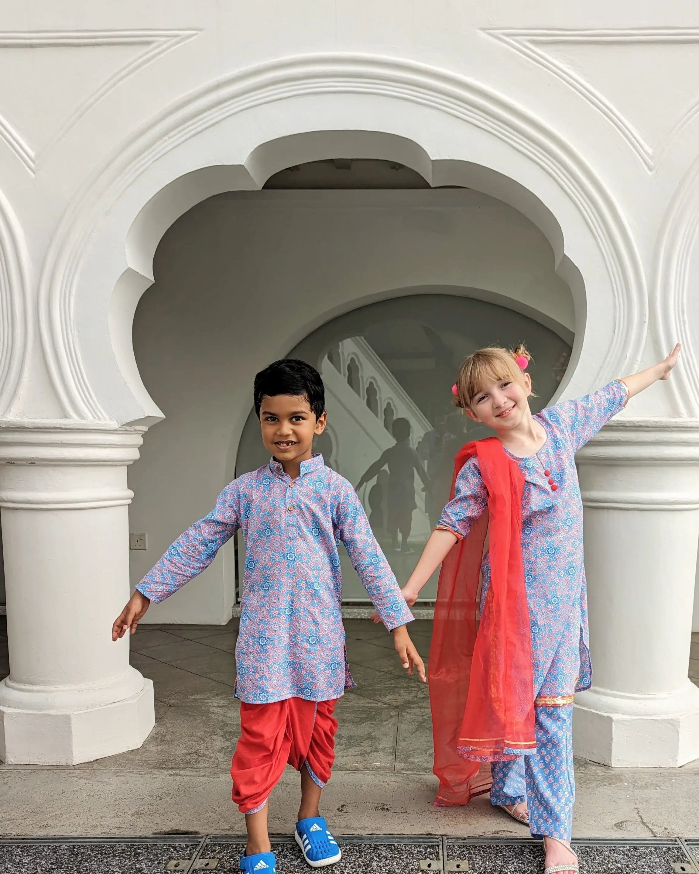 'Fida' Peranakan Inspired Boys Kurta Dhoti in Blue & Red Nimbu Kids Singapore
