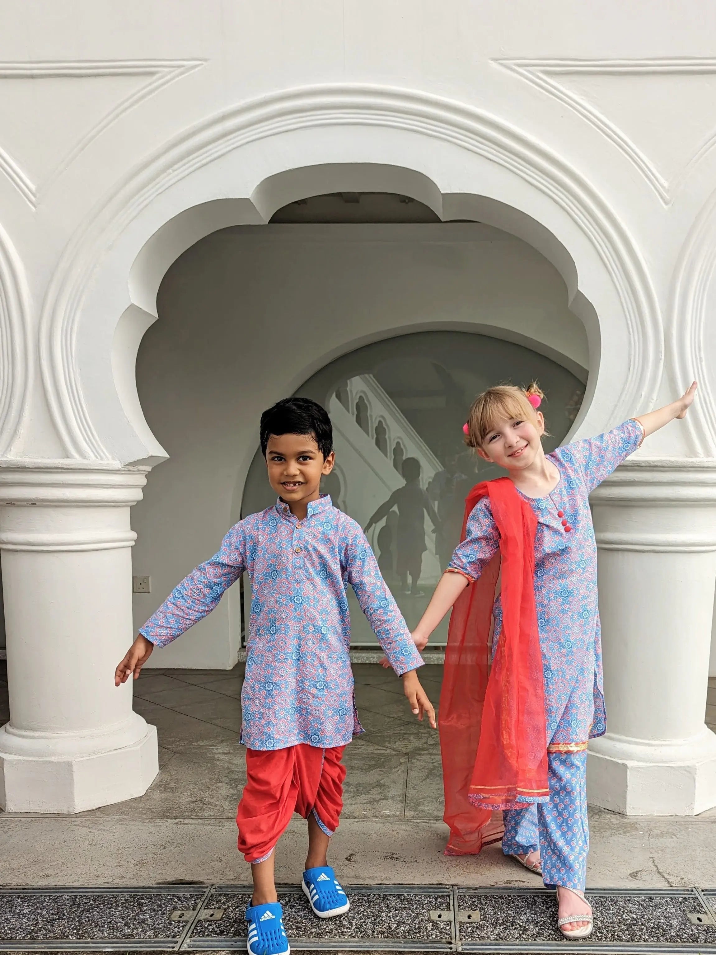 'Fida' Peranakan Inspired Boys Kurta Dhoti in Blue & Red Nimbu Kids Singapore