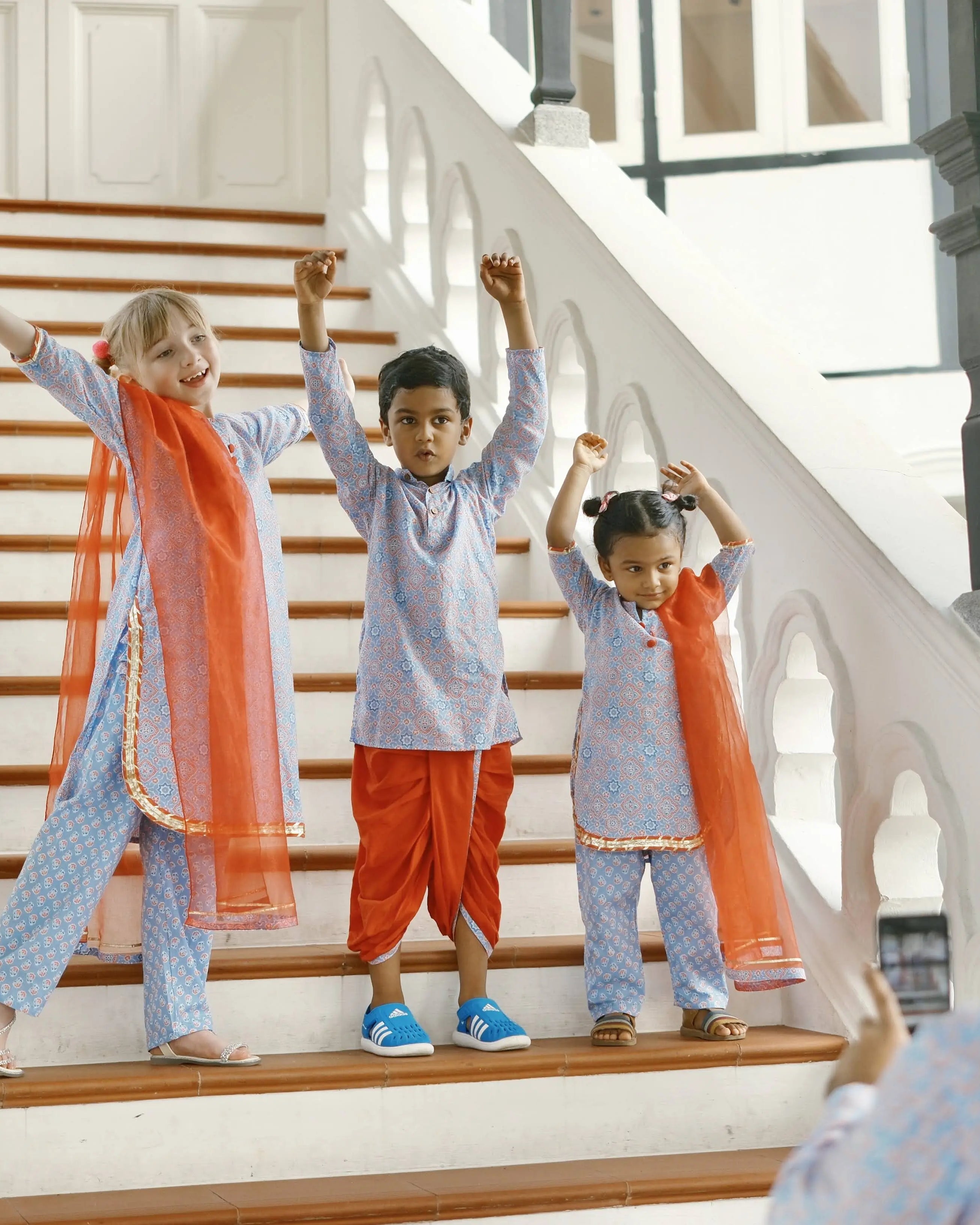 'Fida' Peranakan Inspired Boys Kurta Dhoti in Blue & Red Nimbu Kids Singapore