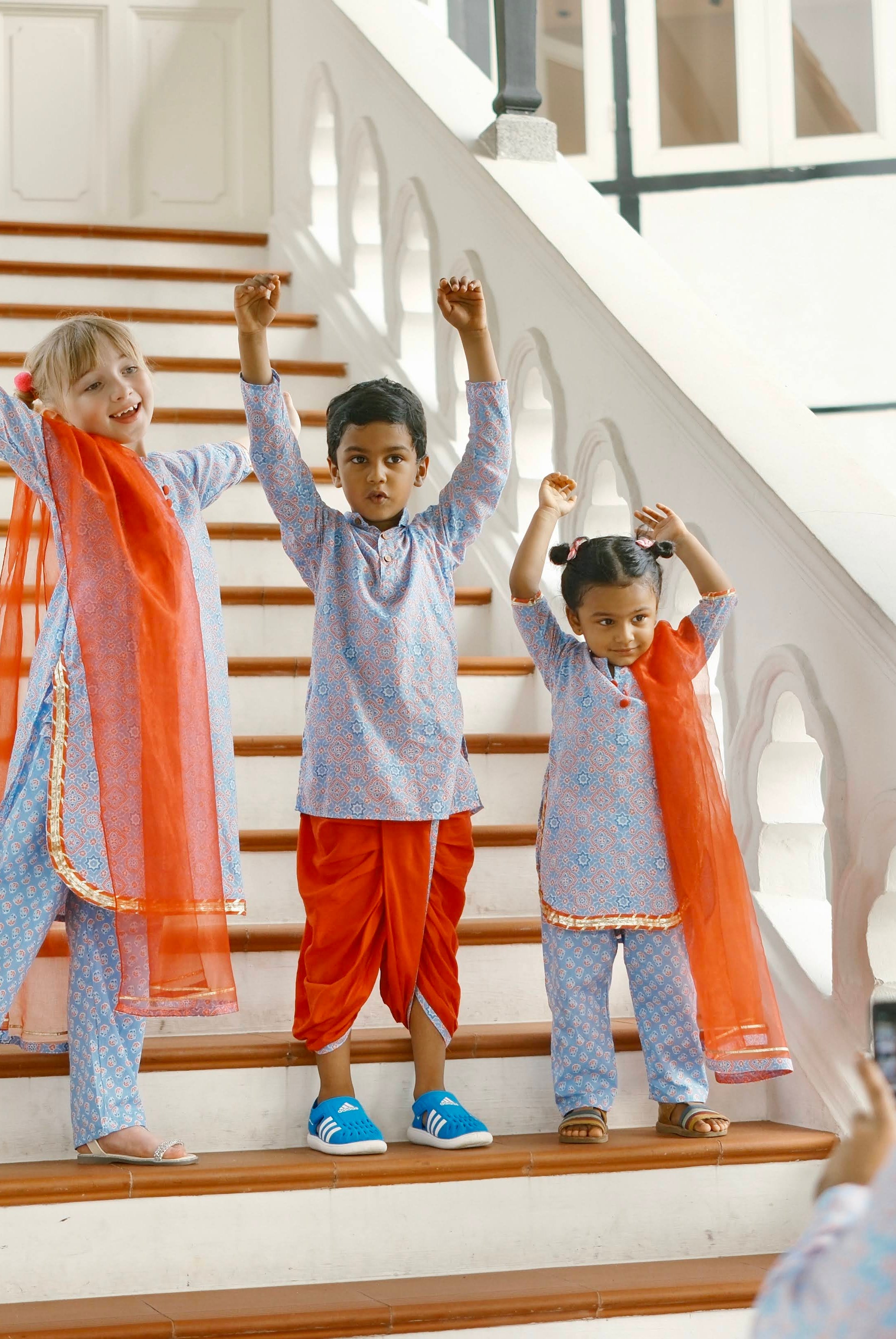 'Fida' Peranakan Inspired Boys Kurta Dhoti in Blue & Red Nimbu Kids Singapore