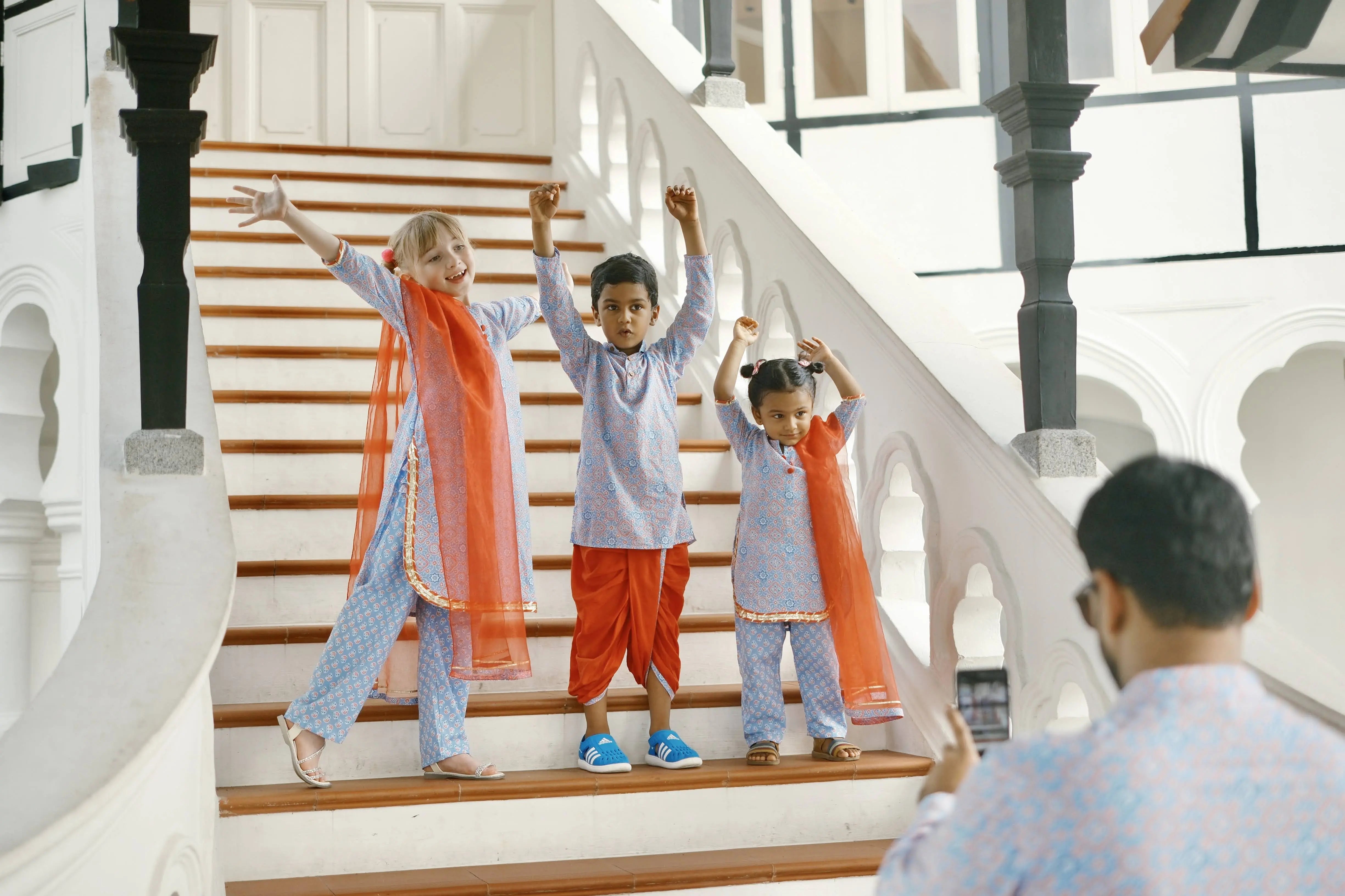 'Fida' Peranakan Inspired Boys Kurta Dhoti in Blue & Red Nimbu Kids Singapore