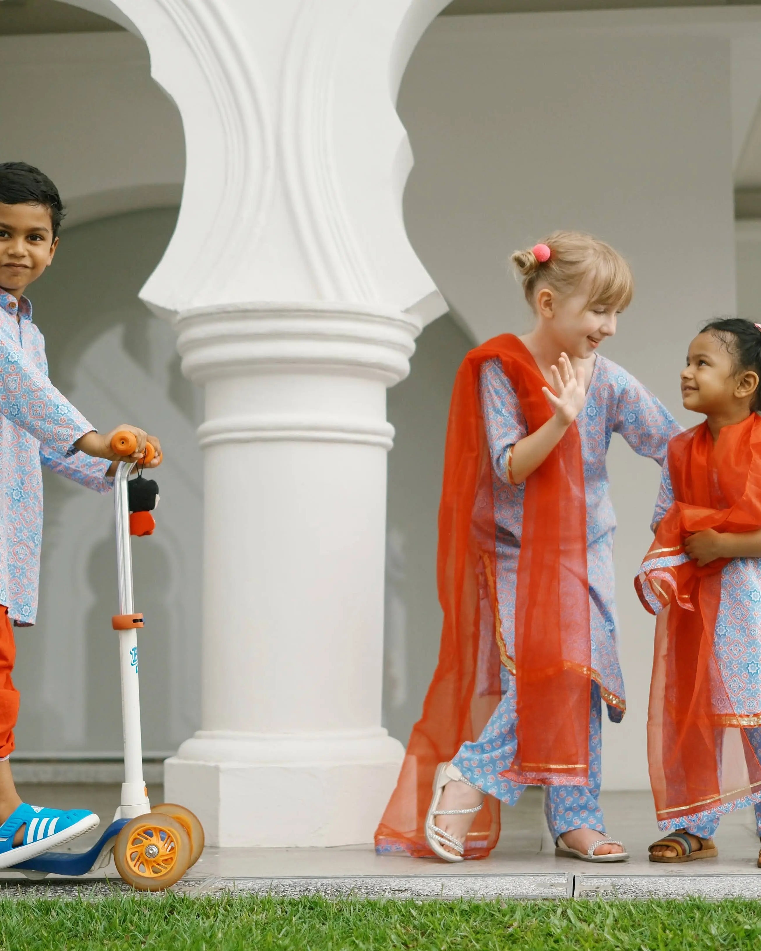 'Fida' Peranakan Inspired Boys Kurta Dhoti in Blue & Red Nimbu Kids Singapore