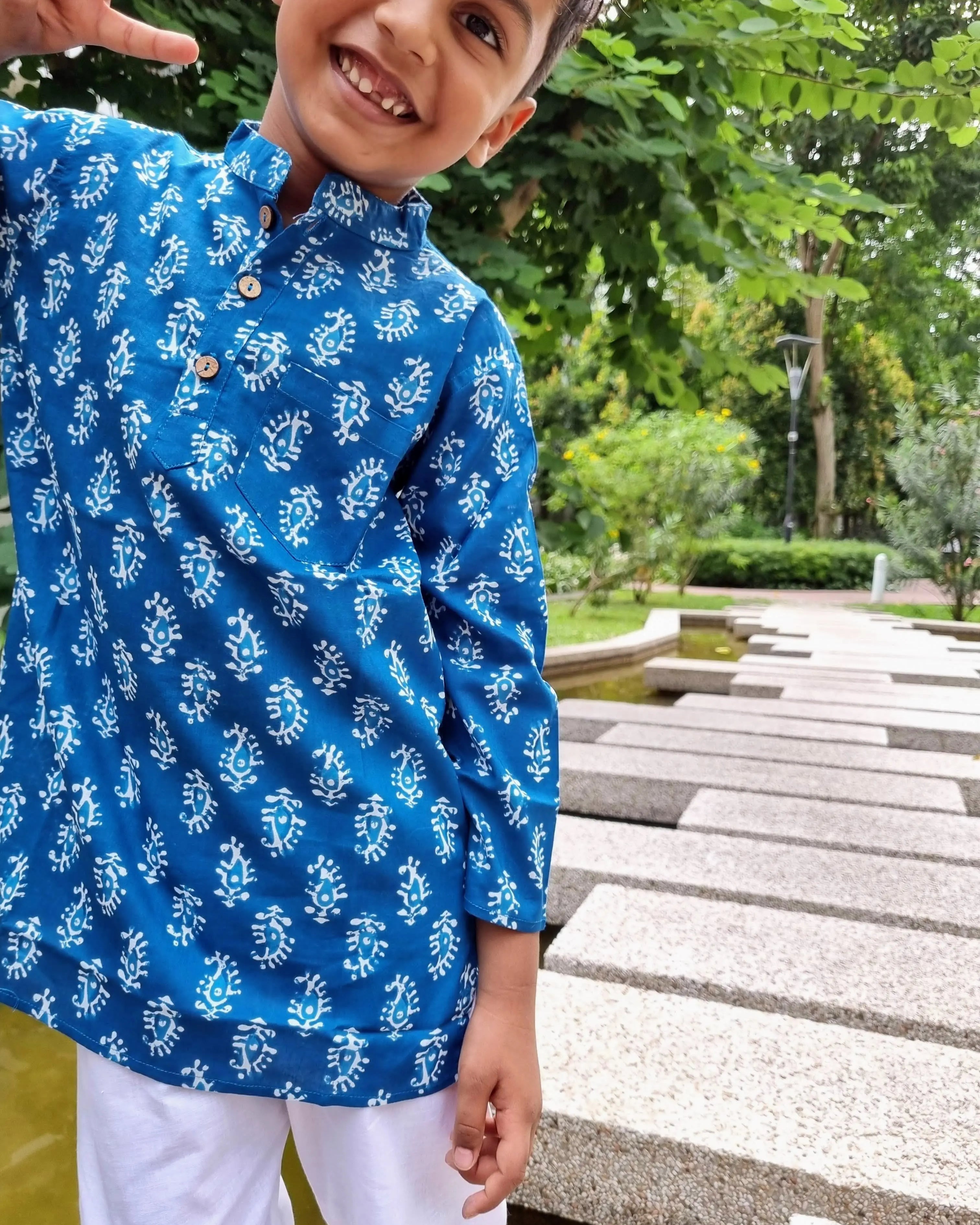 Blue Paisley Kurta Pajama Set Nimbu kids