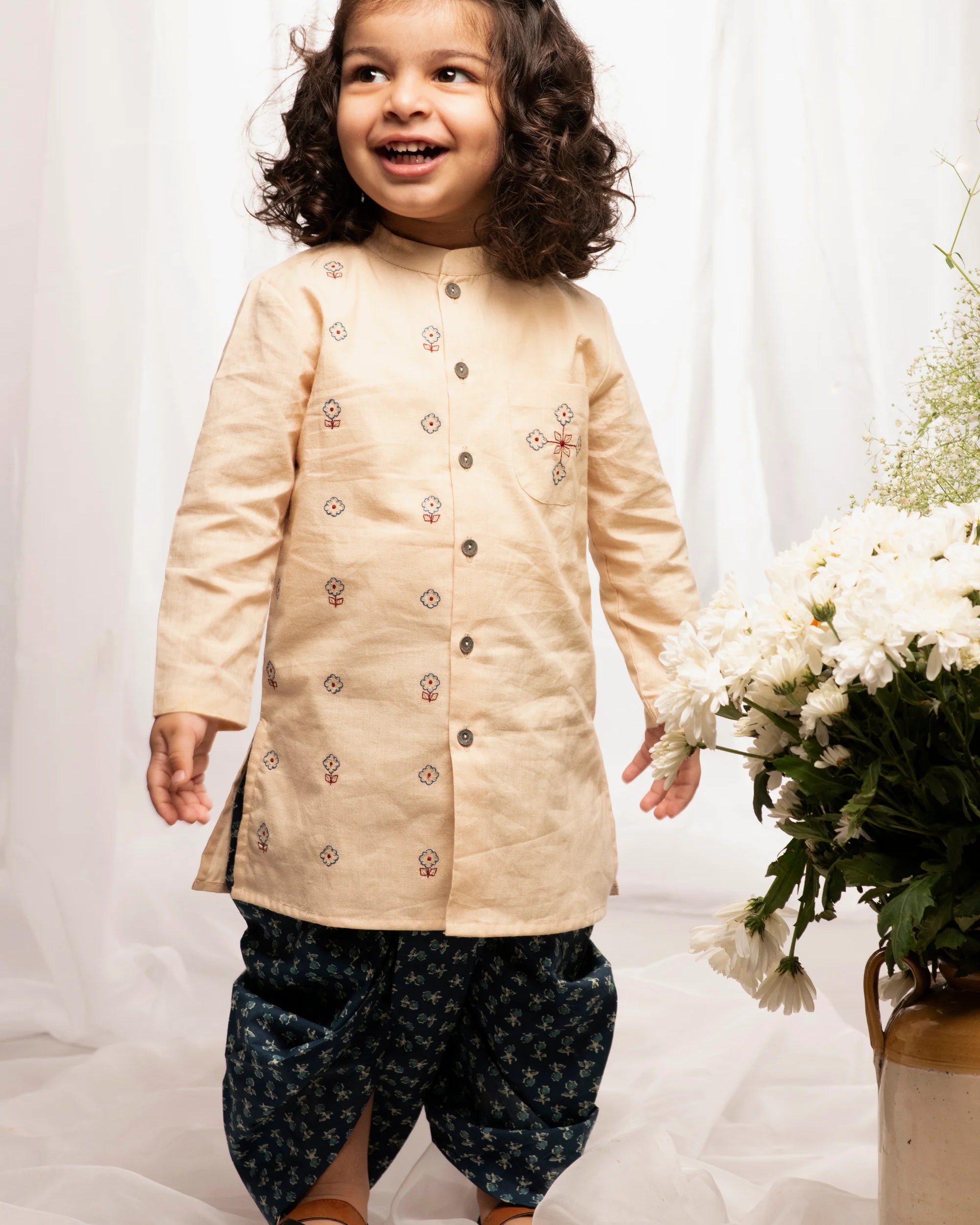 Boys Blue Embroidered Buti Dhoti Set