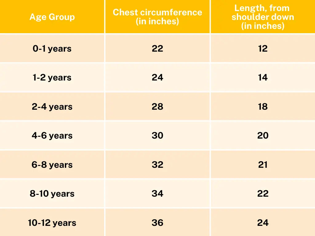 Peru Kids Unisex Cotton Shirt with Mandarin Collar Size Chart - Nimbu Kids