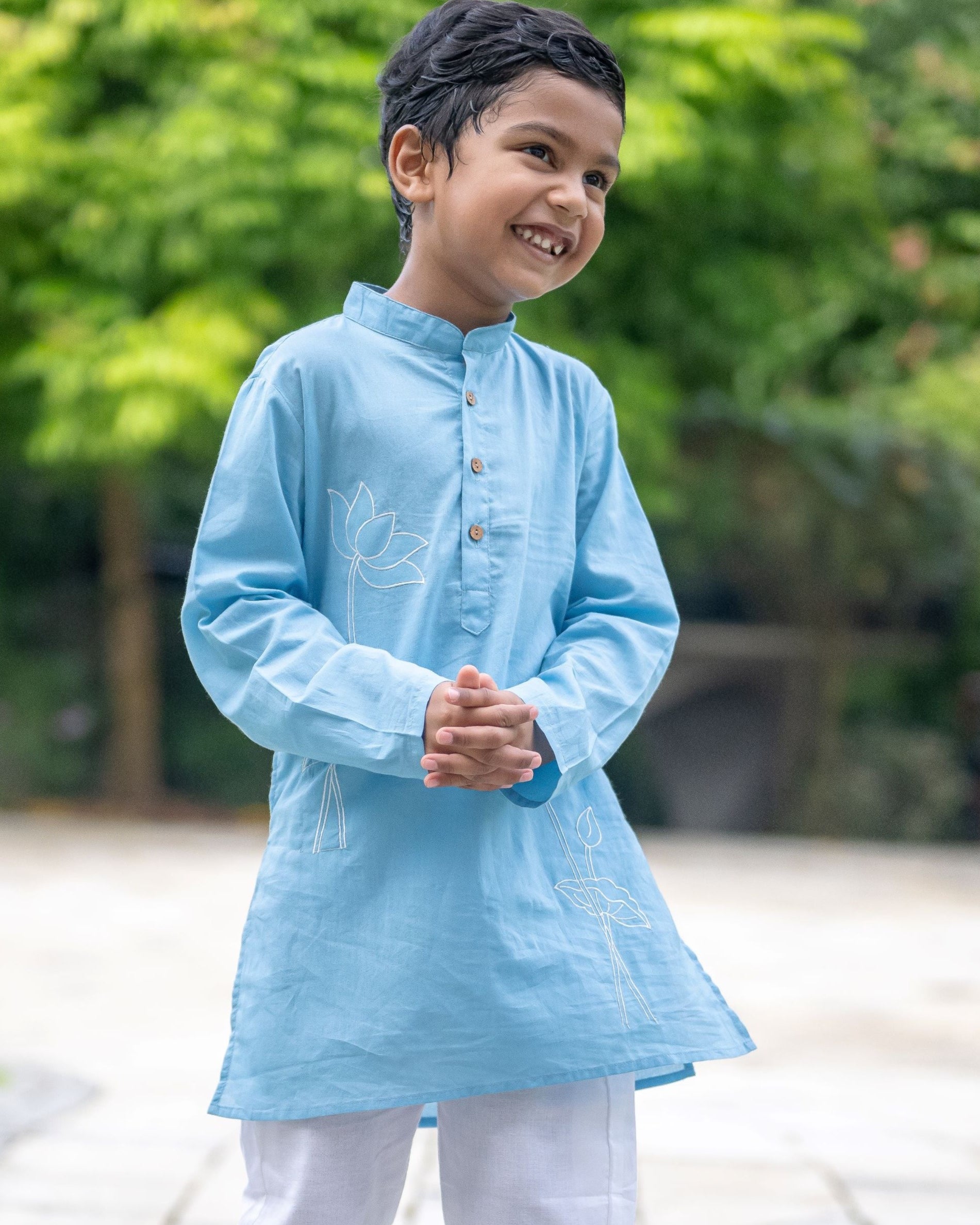 Embroidered Lotus Blue Kurta Pajama Set