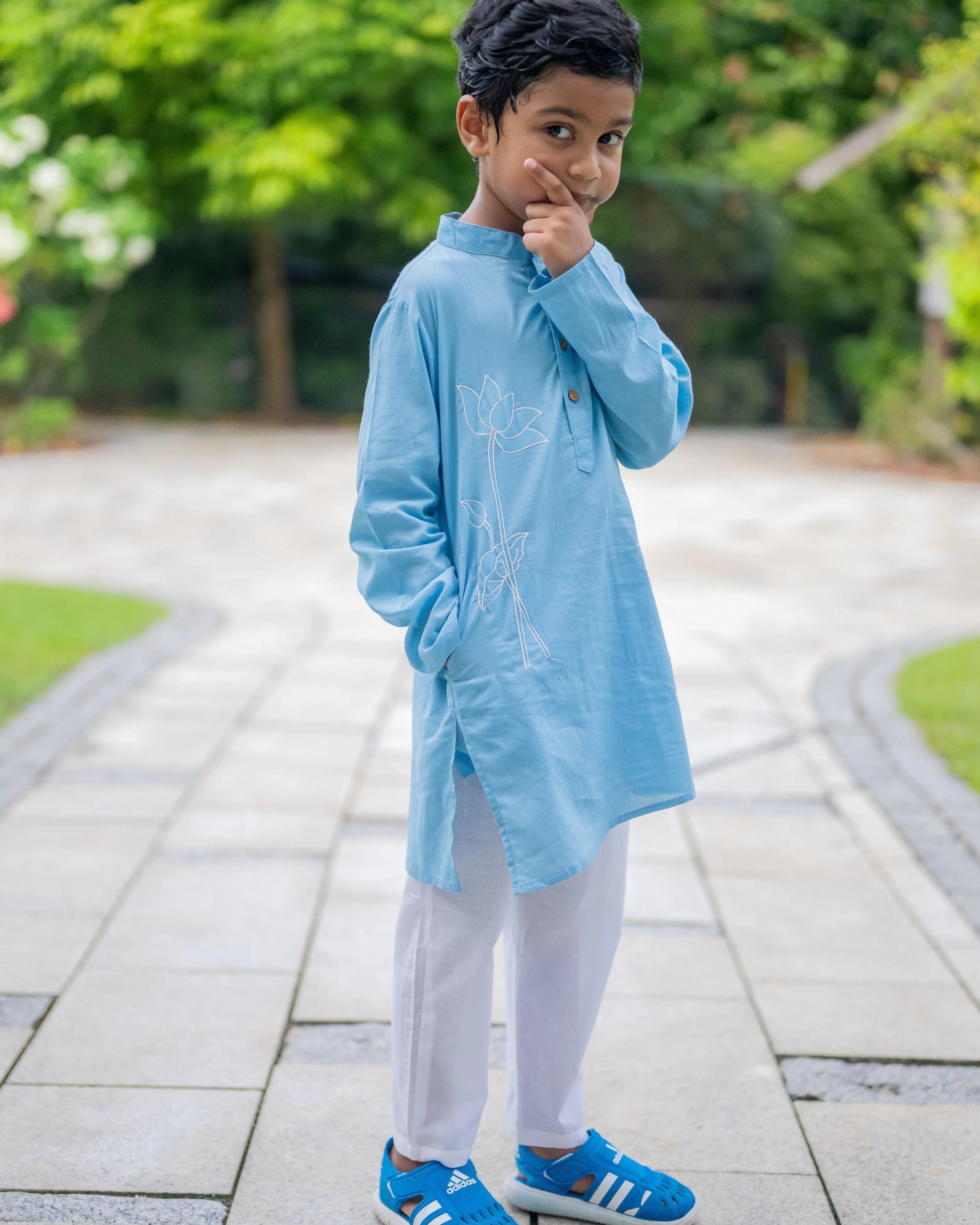 Embroidered Lotus Blue Kurta Pajama Set Nimbu