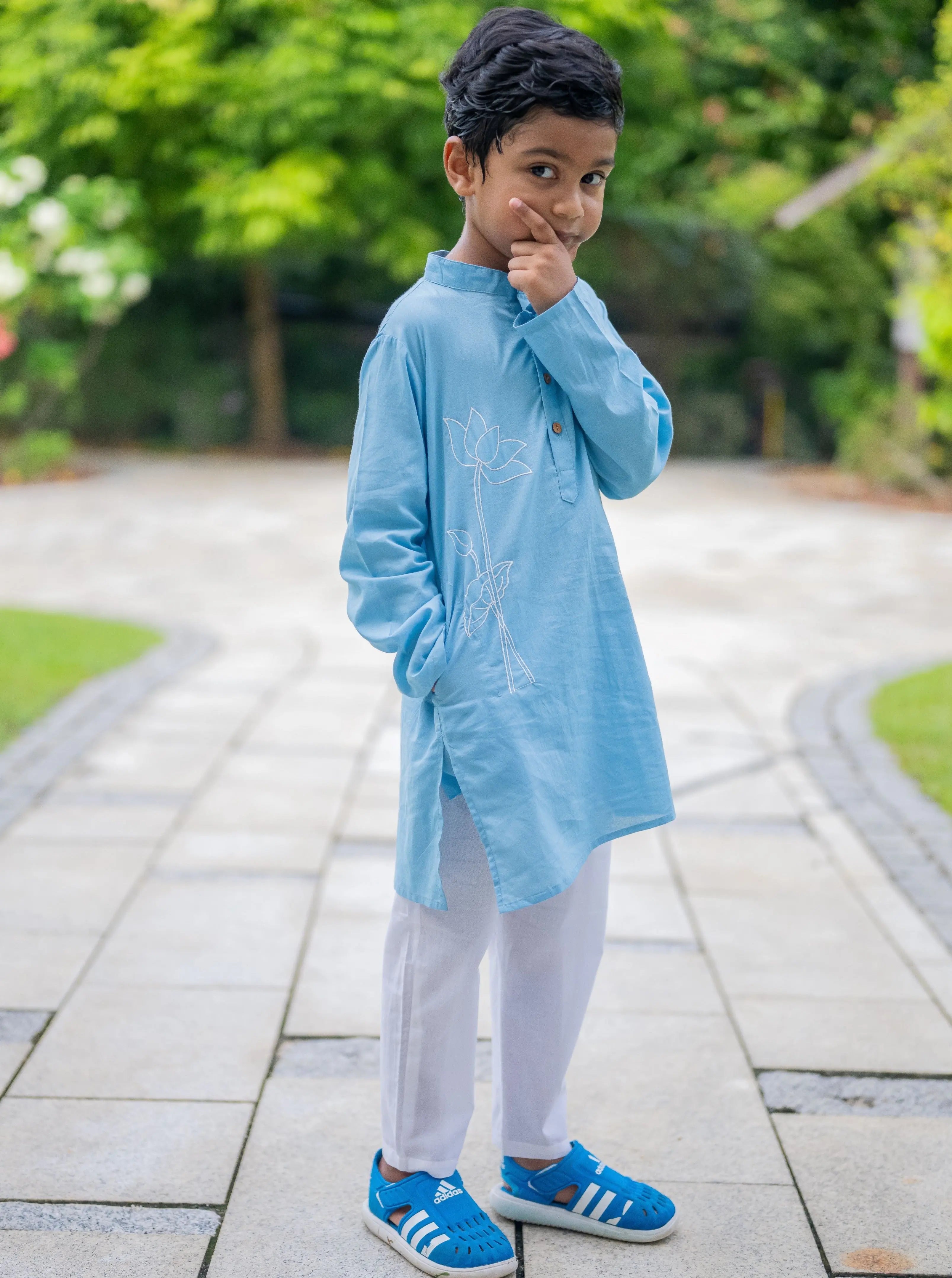 Embroidered Lotus Blue Kurta Pajama Set Nimbu