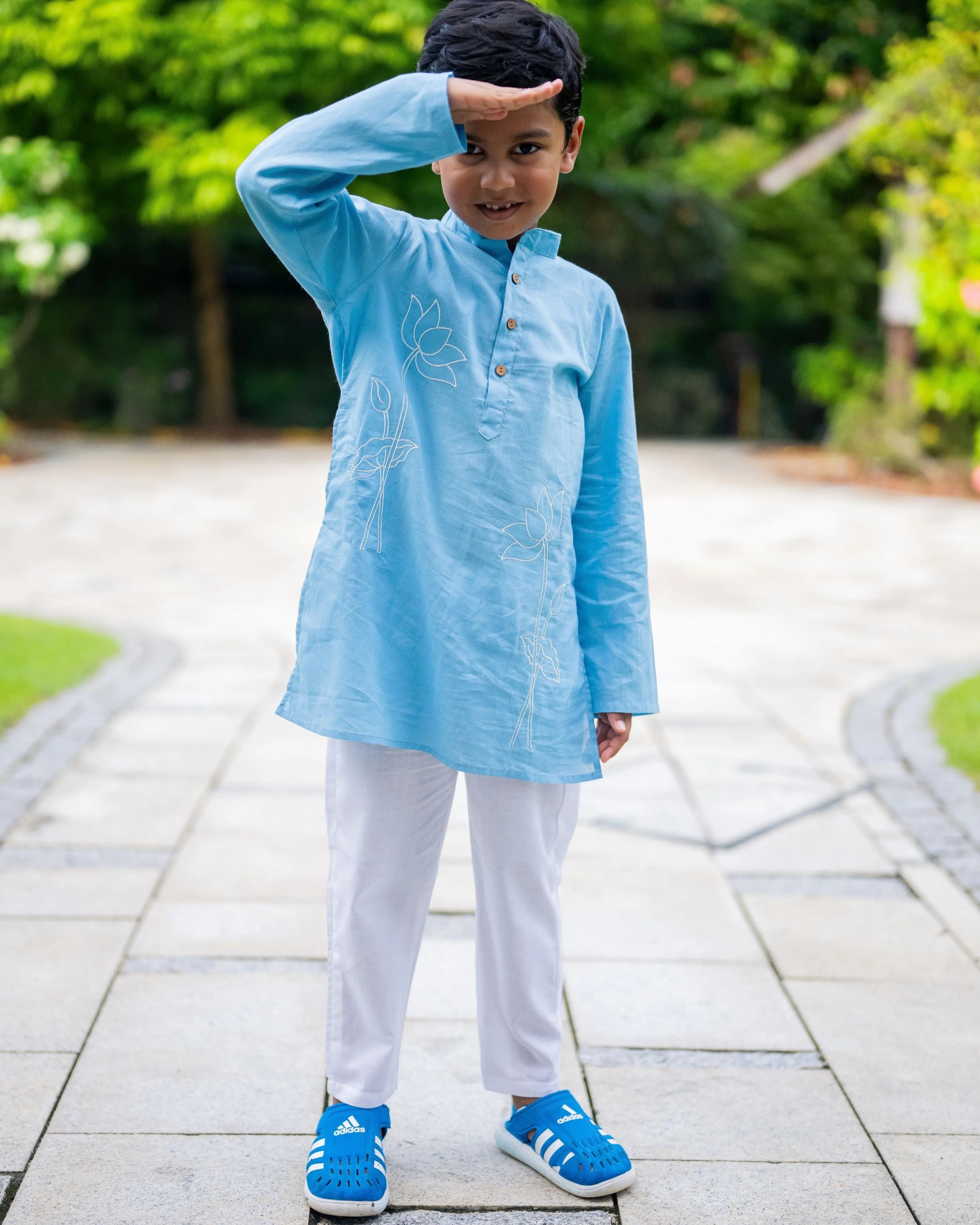 Embroidered Lotus Blue Kurta Pajama Set Nimbu