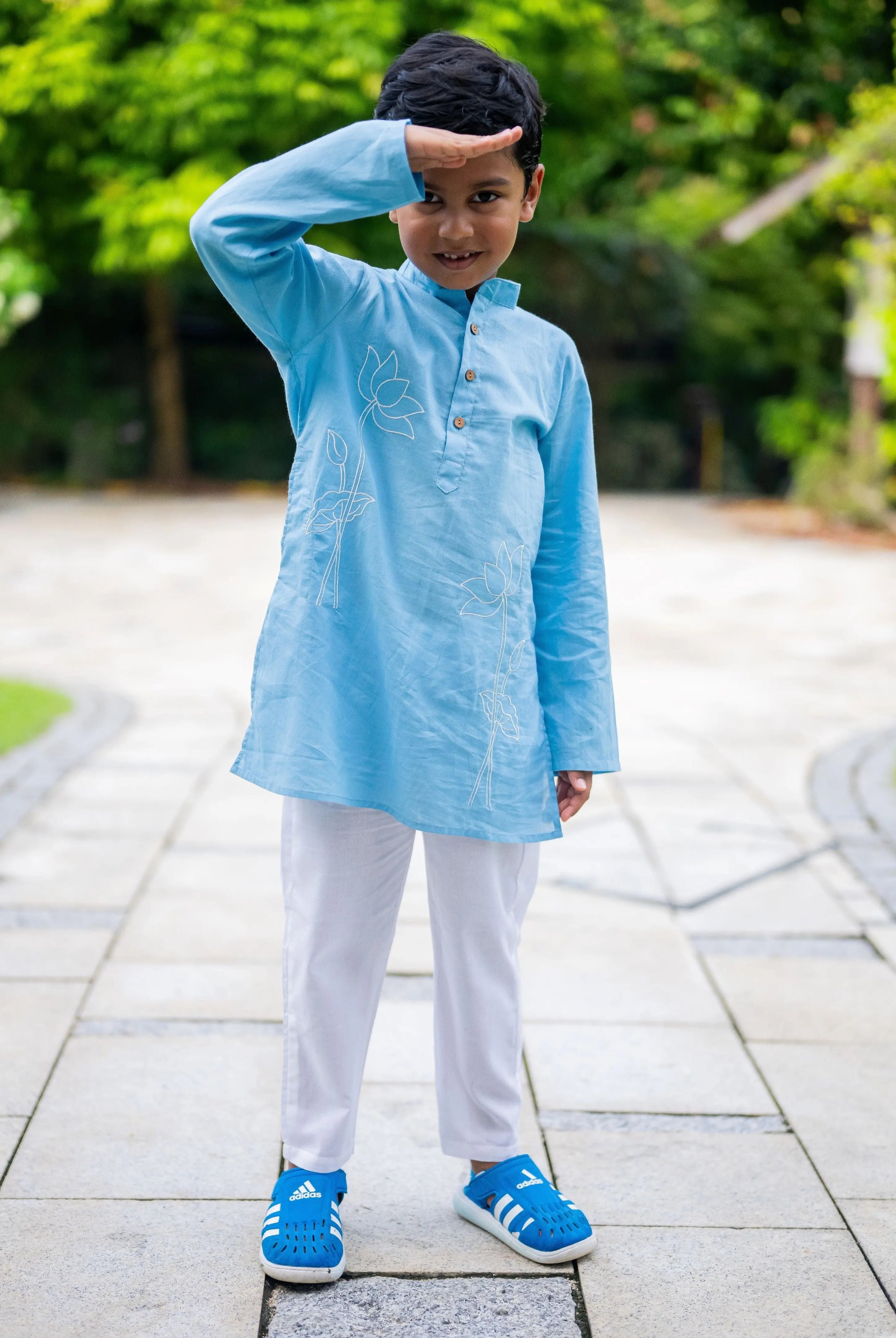 Embroidered Lotus Blue Kurta Pajama Set Nimbu