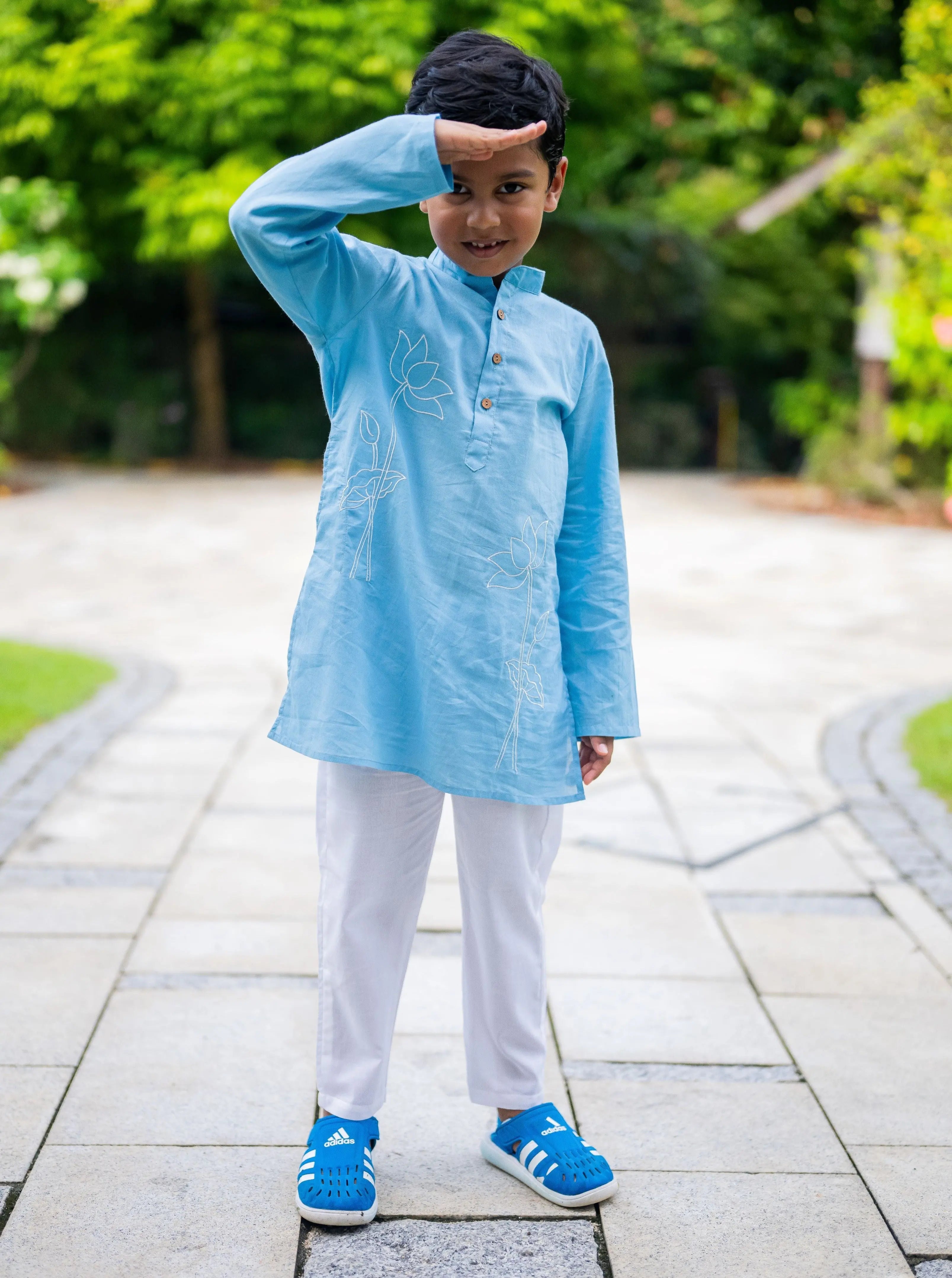 Embroidered Lotus Blue Kurta Pajama Set Nimbu