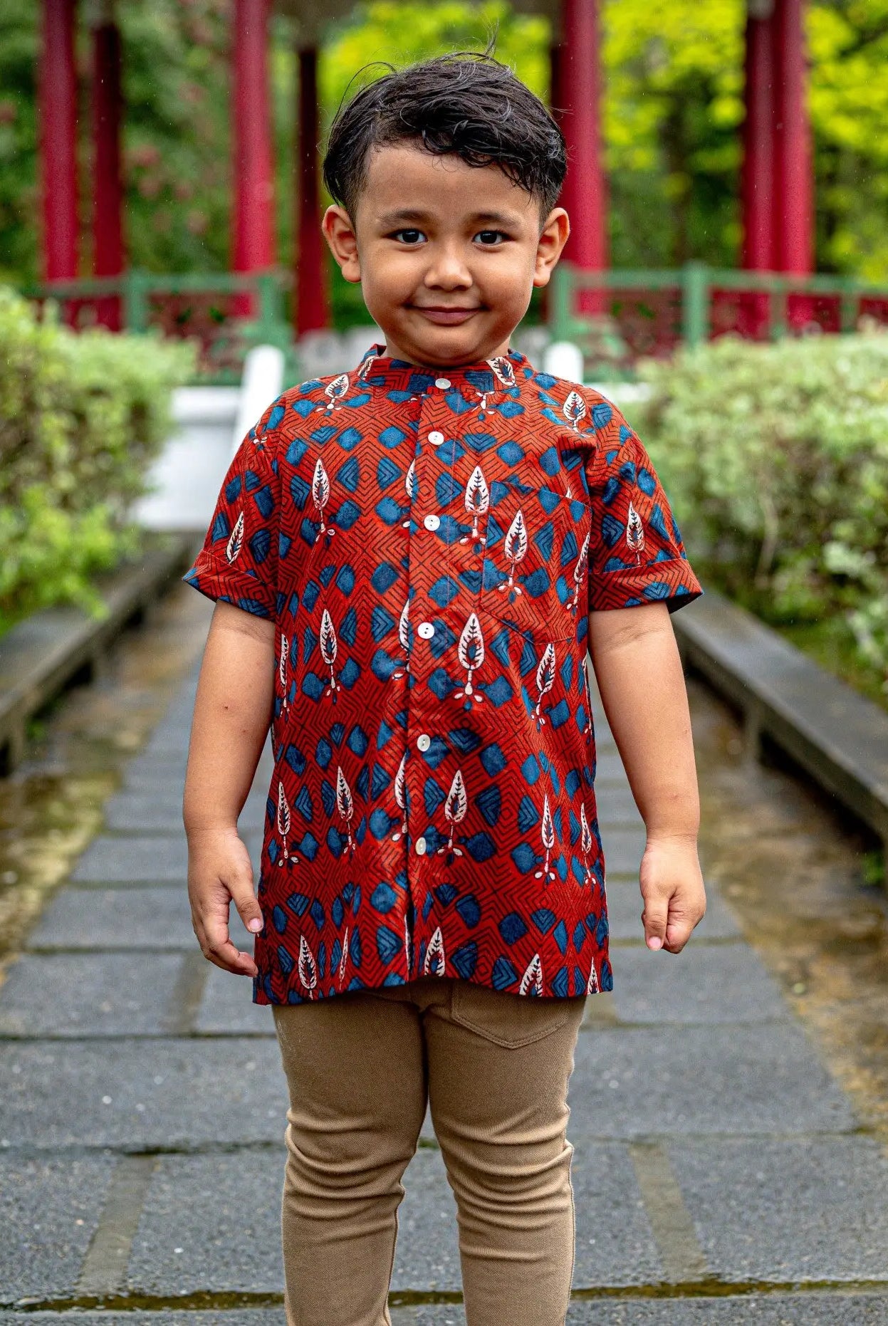 Celestial Boys Cotton Shirt in Red Nimbu