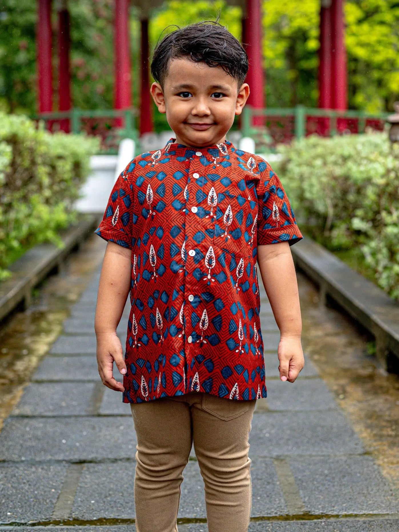 Celestial Boys Cotton Shirt in Red Nimbu