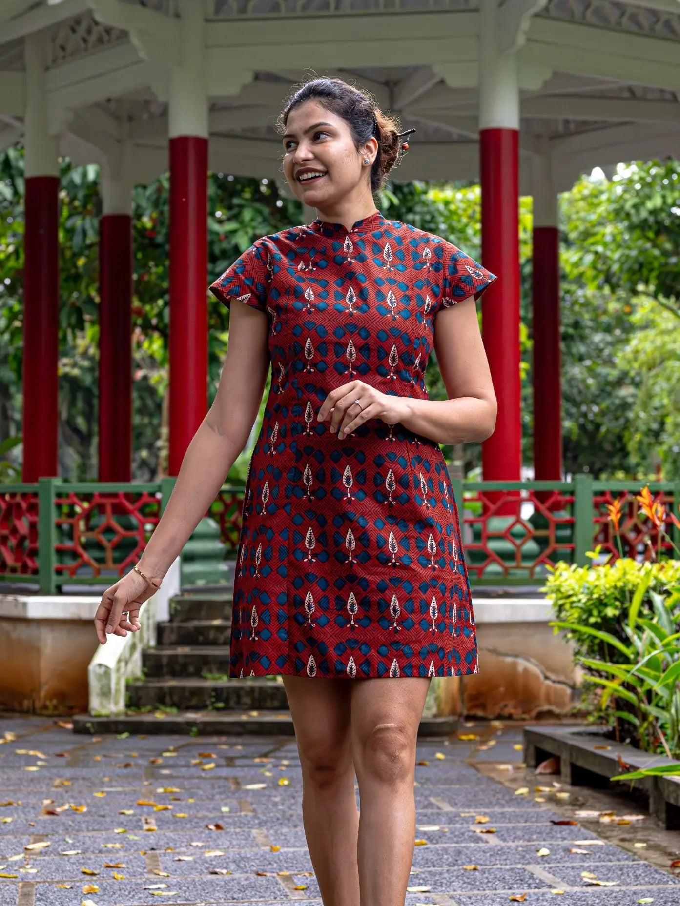 Celestial Women's Cheongsam Dress with Pockets in Red Nimbu