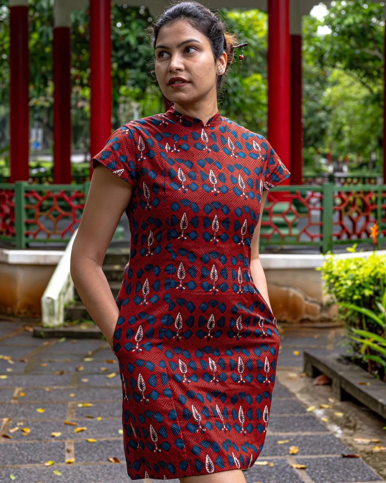 Celestial Women's Cheongsam Dress with Pockets in Red Nimbu