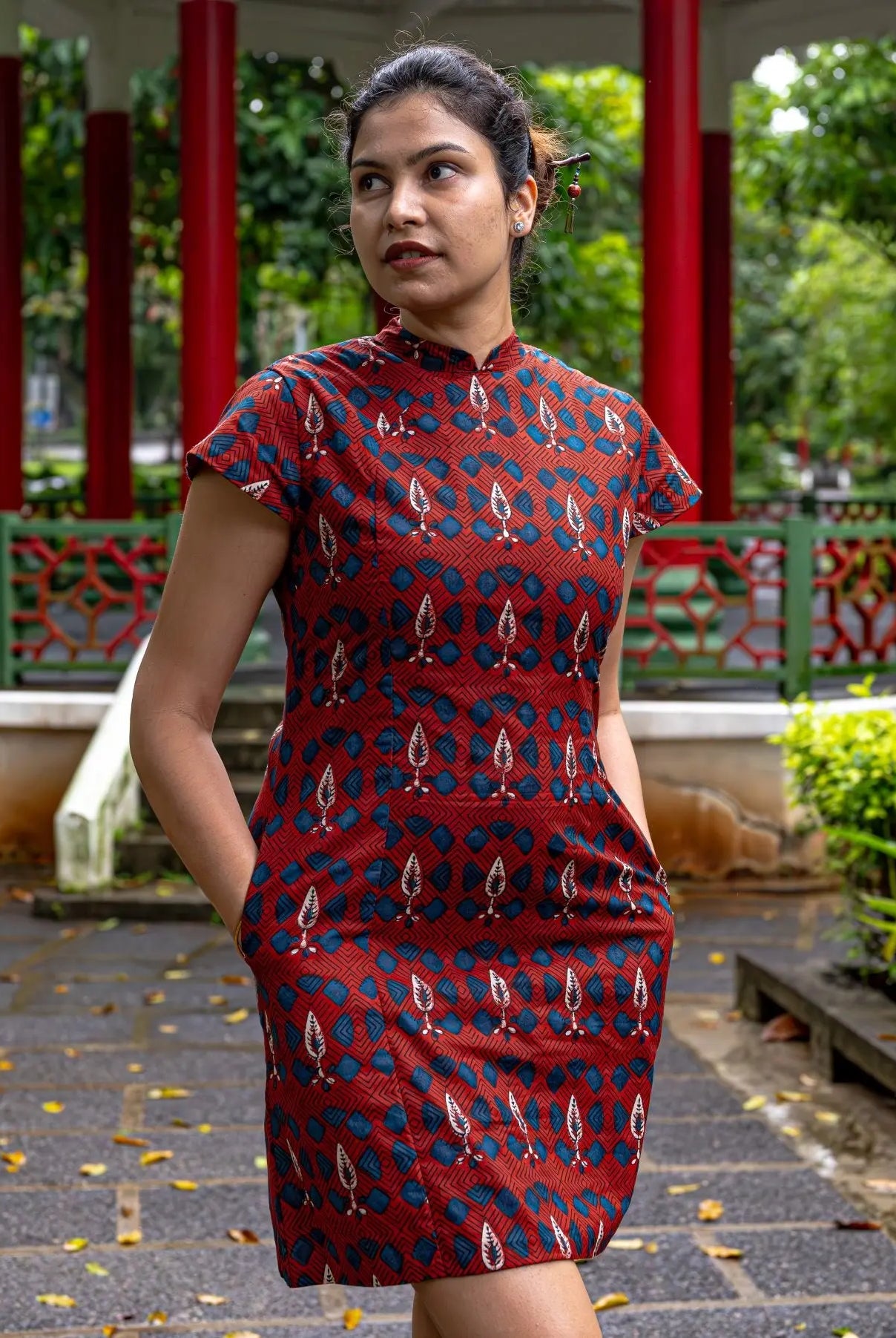 Celestial Women's Cheongsam Dress with Pockets in Red Nimbu