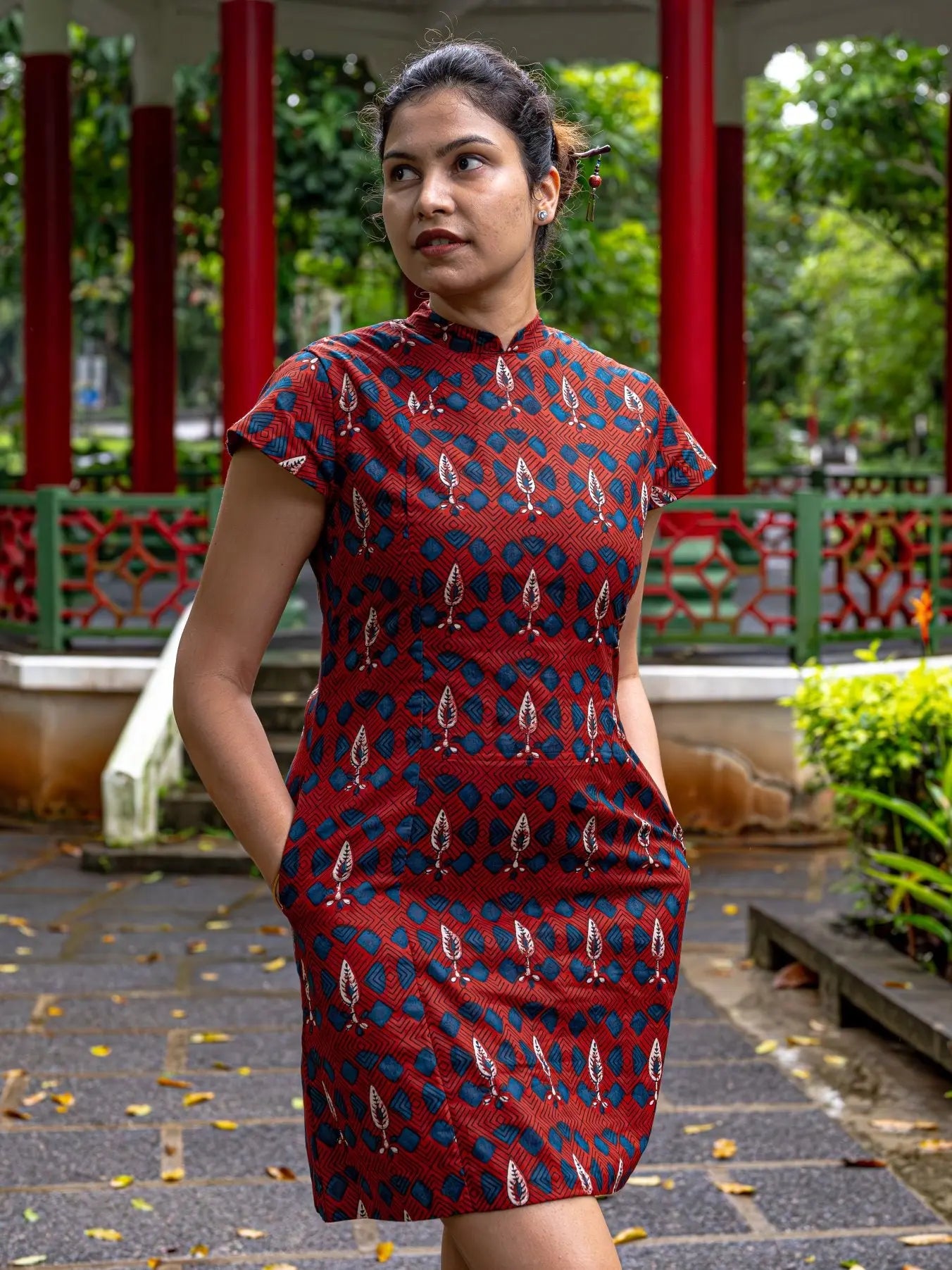 Celestial Women's Cheongsam Dress with Pockets in Red Nimbu