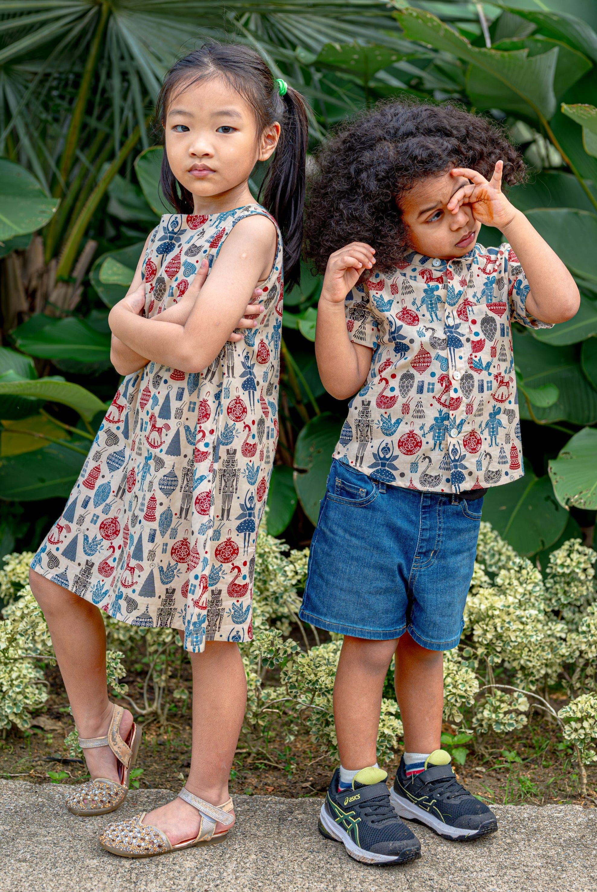 London Kids Unisex Cotton Shirt in Mandarin Collar and girls A line dress - Nimbu Kids