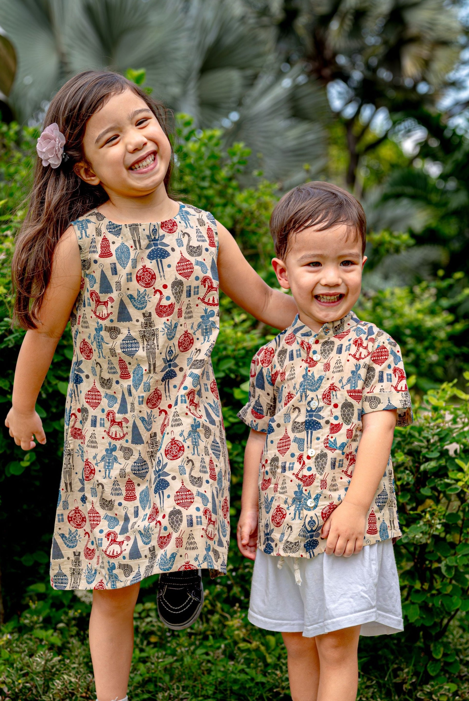 London Kids Unisex Cotton Shirt in Mandarin Collar and girls A line dress - Nimbu Kids