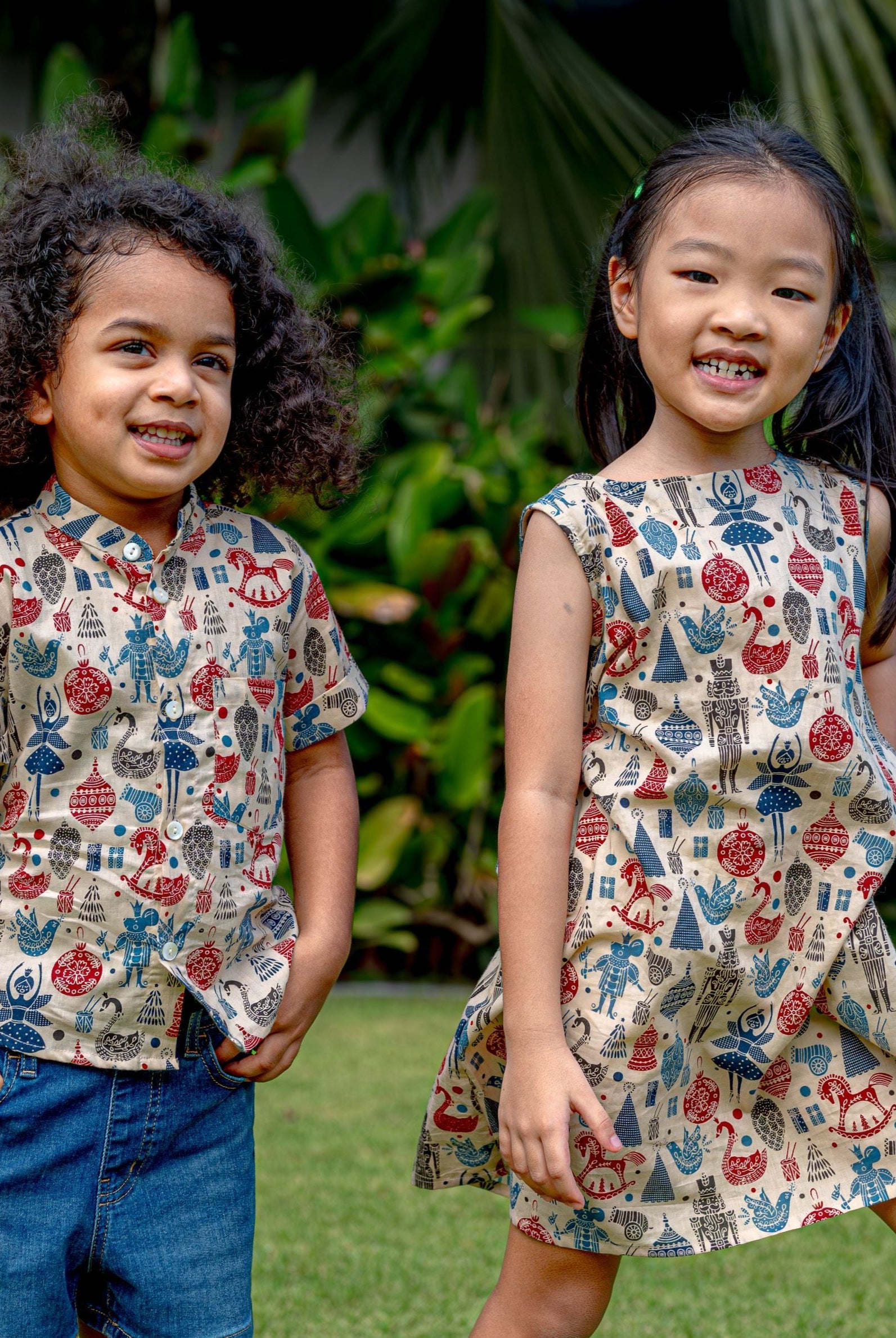 London Kids Unisex Cotton Shirt in Mandarin Collar and girls A line dress - Nimbu Kids