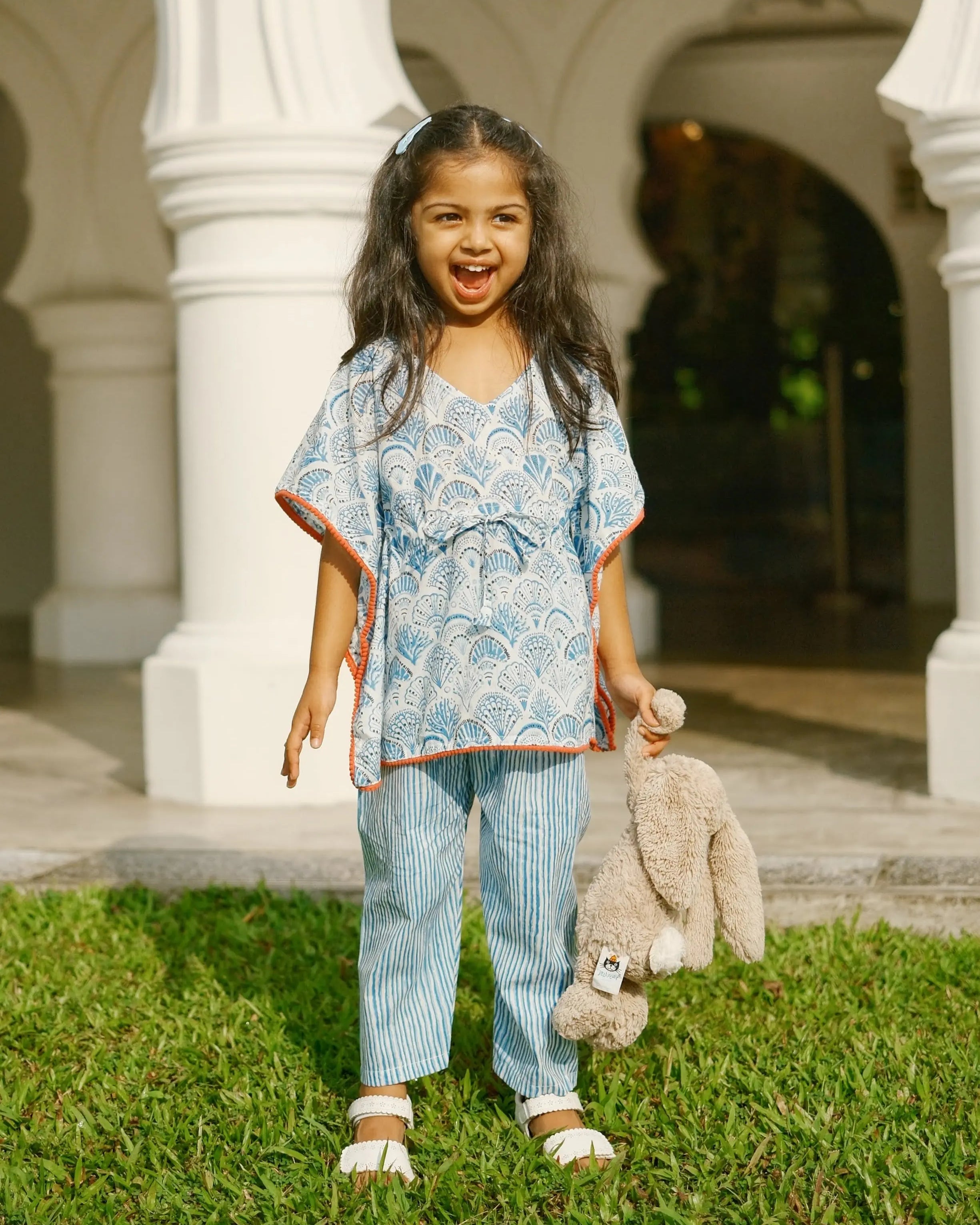 Oriental Print Kaftan Pants in White & Blue Nimbu