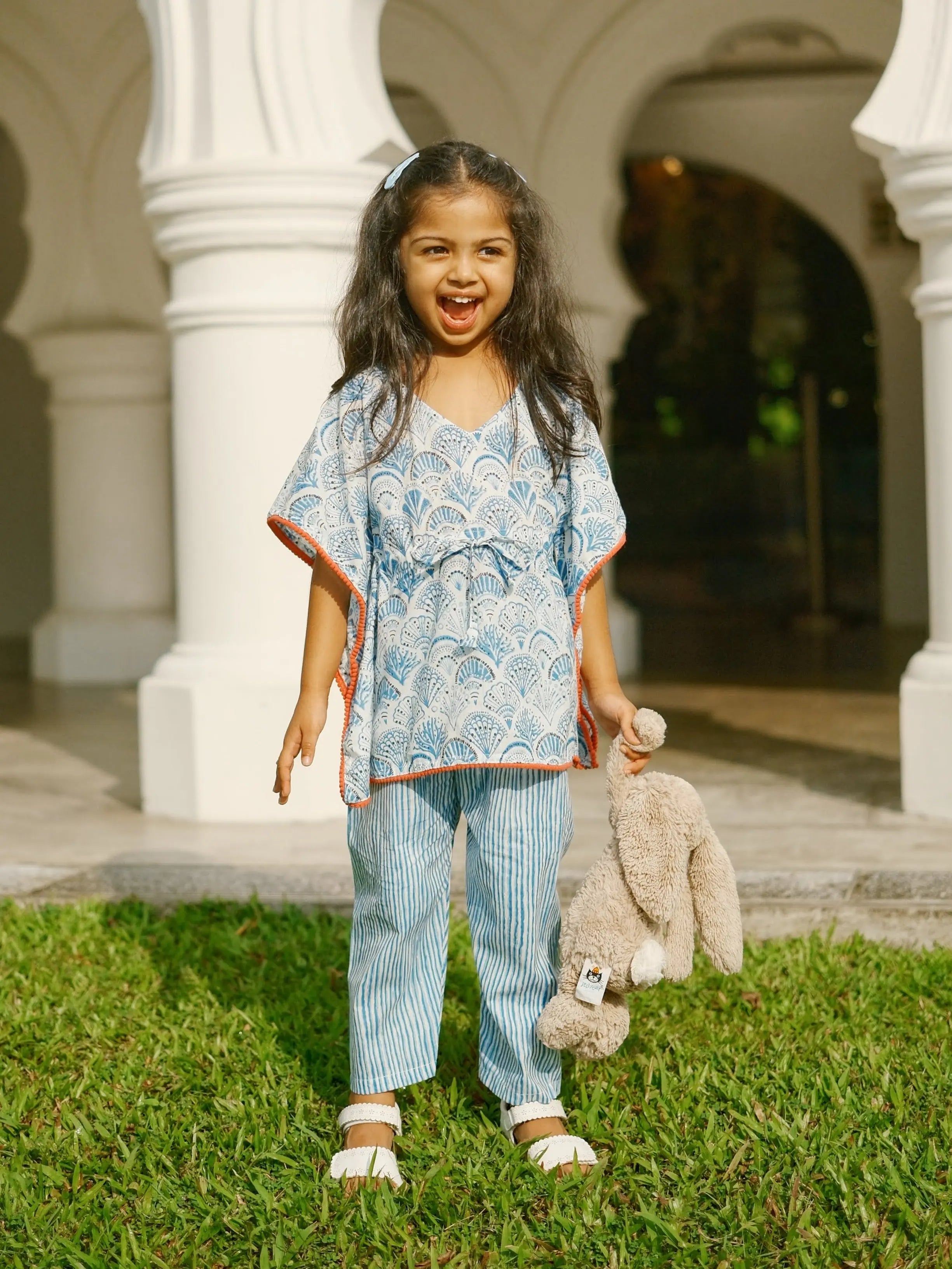 Oriental Print Kaftan Pants in White & Blue Nimbu