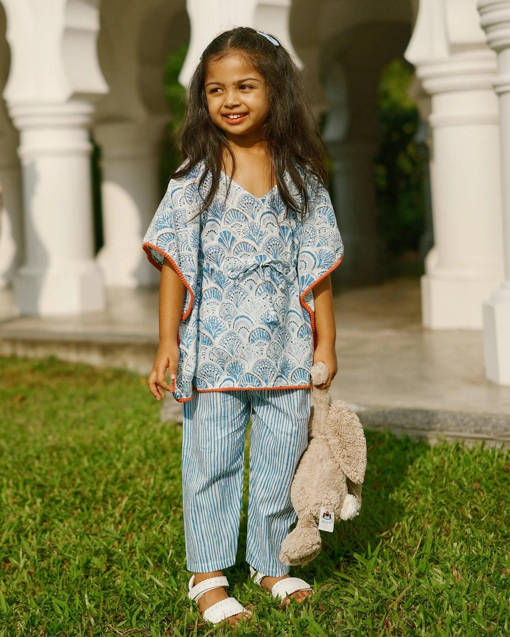 Oriental Print Kaftan Pants in White & Blue Nimbu