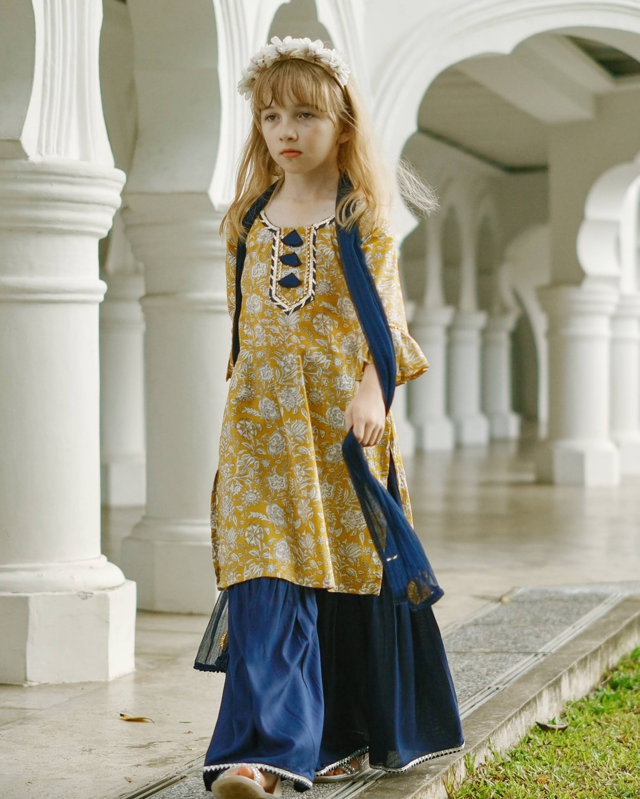 Mustard Floral Girls Kurti Sharara Set in Yellow & Blue Nimbu Singapore